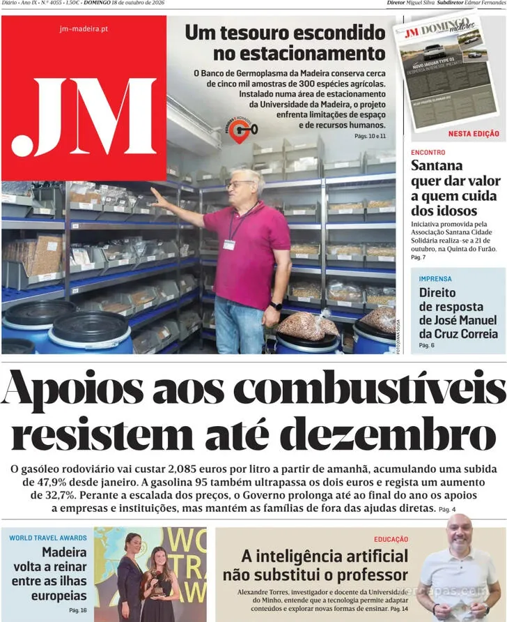 Capa do Jornal da Madeira de segunda-feira, 19 de outubro de 2026
