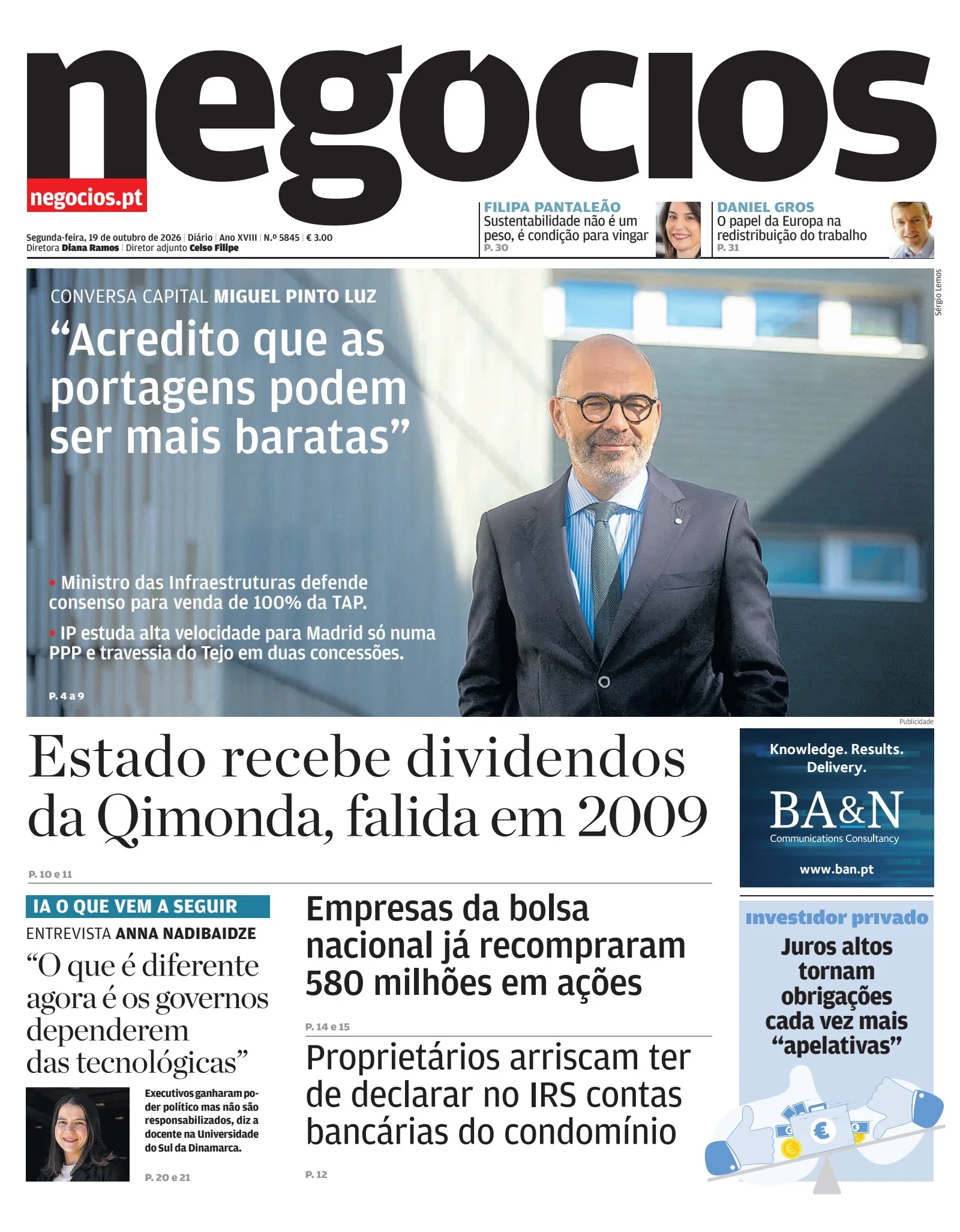 Capa do Jornal de Negócios de segunda-feira, 19 de outubro de 2026