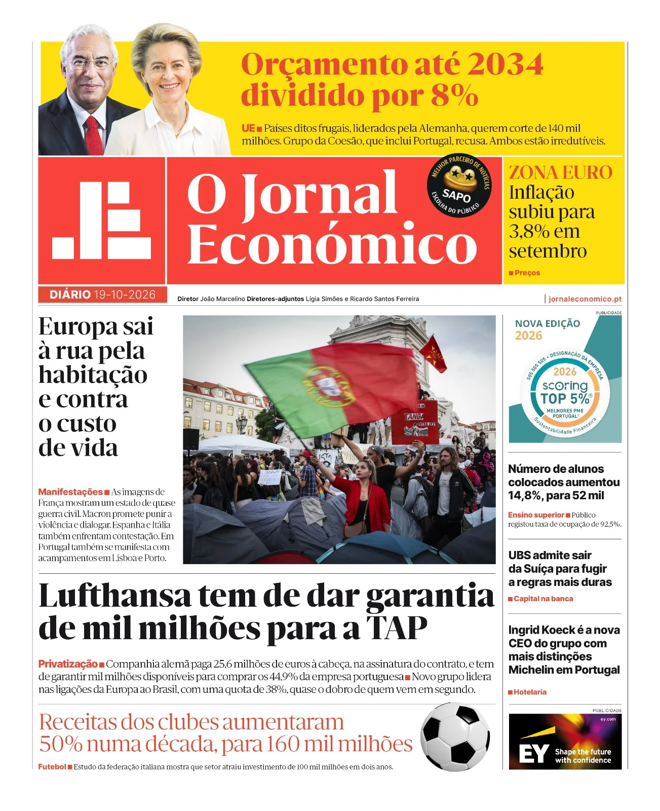 Capa do Jornal Económico de segunda-feira, 19 de outubro de 2026