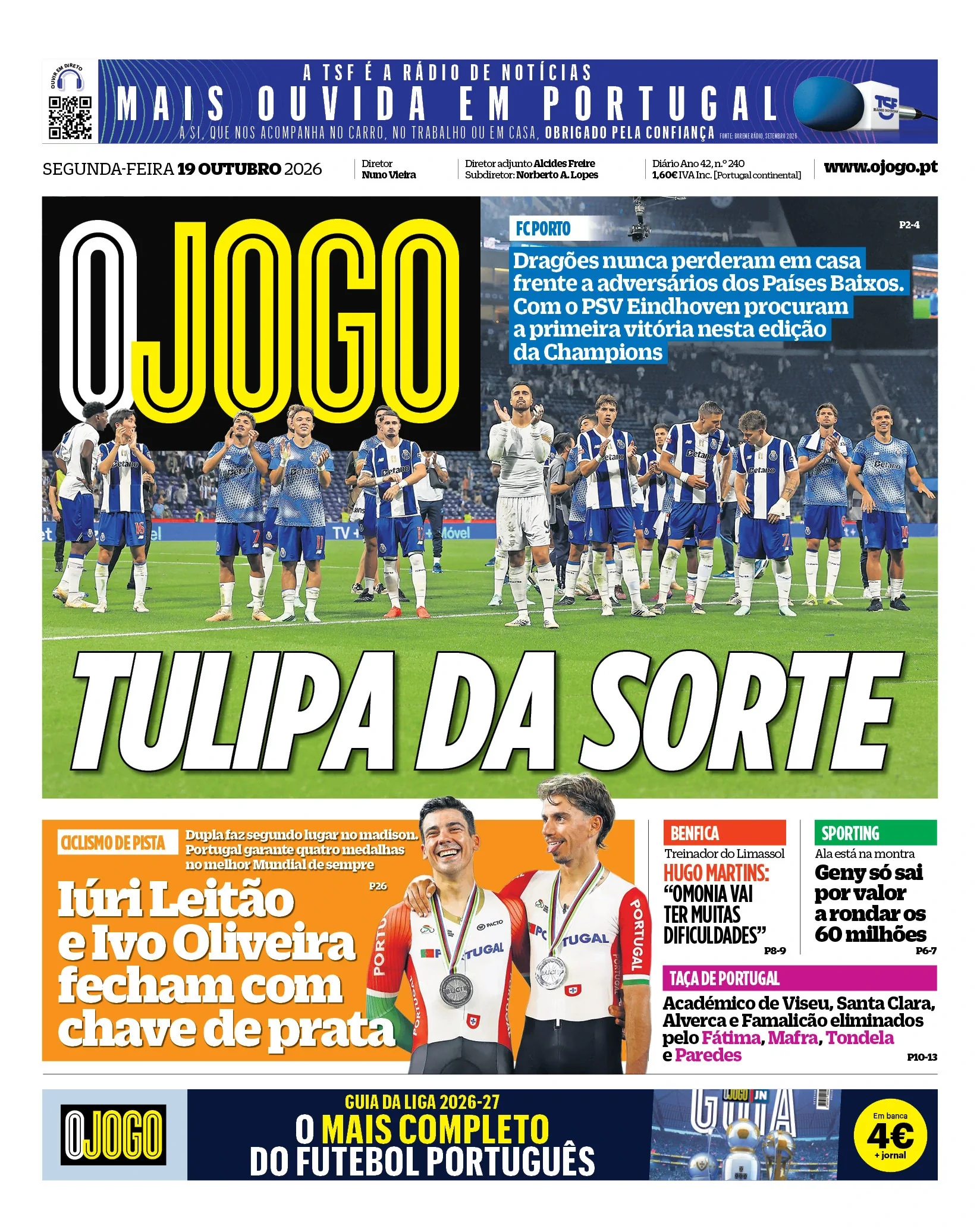 Capa do O Jogo de segunda-feira, 19 de outubro de 2026