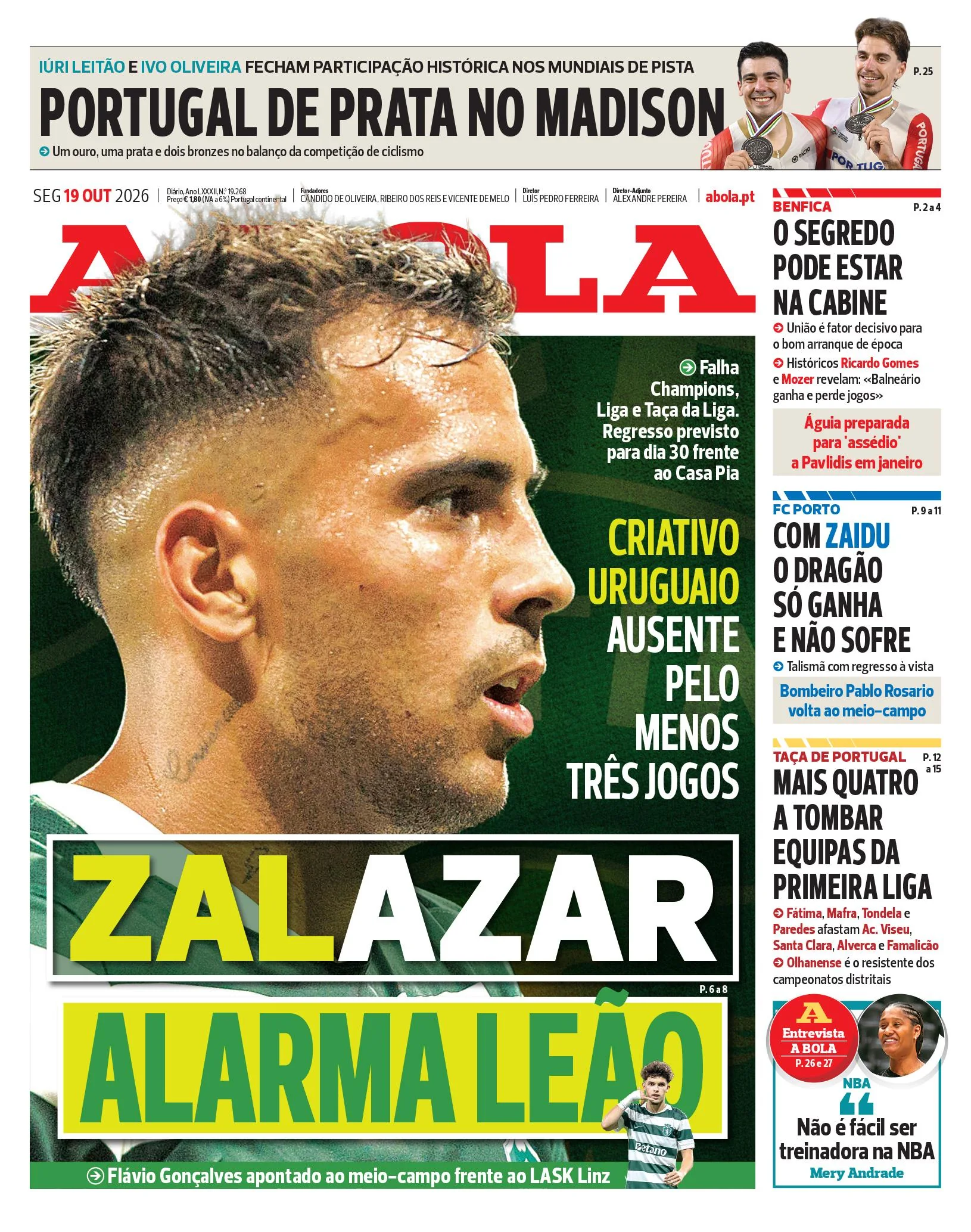 Capa do A Bola de terça-feira, 20 de outubro de 2026