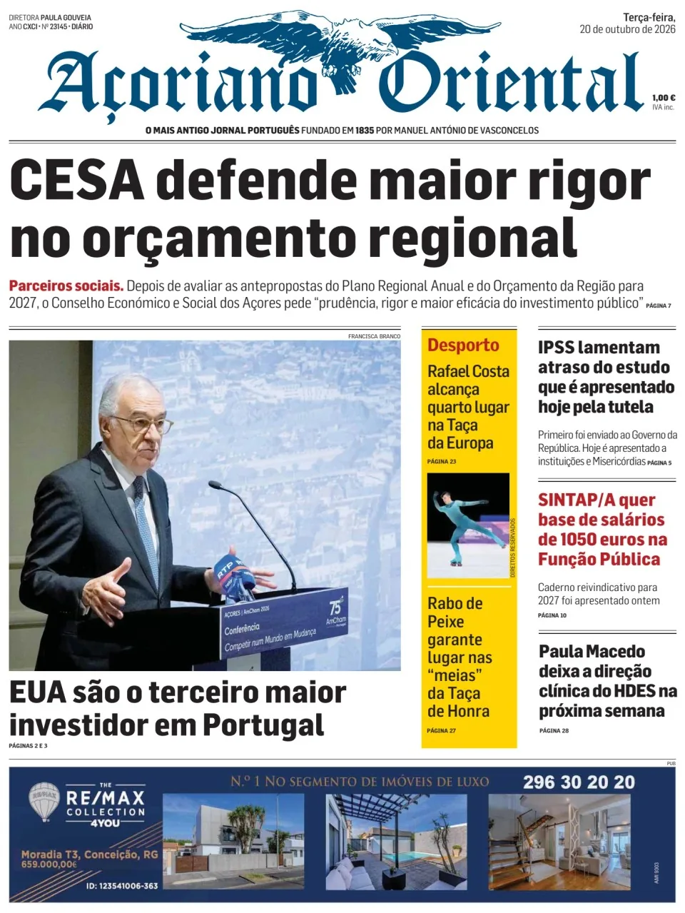 Capa do Açoriano Oriental de terça-feira, 20 de outubro de 2026