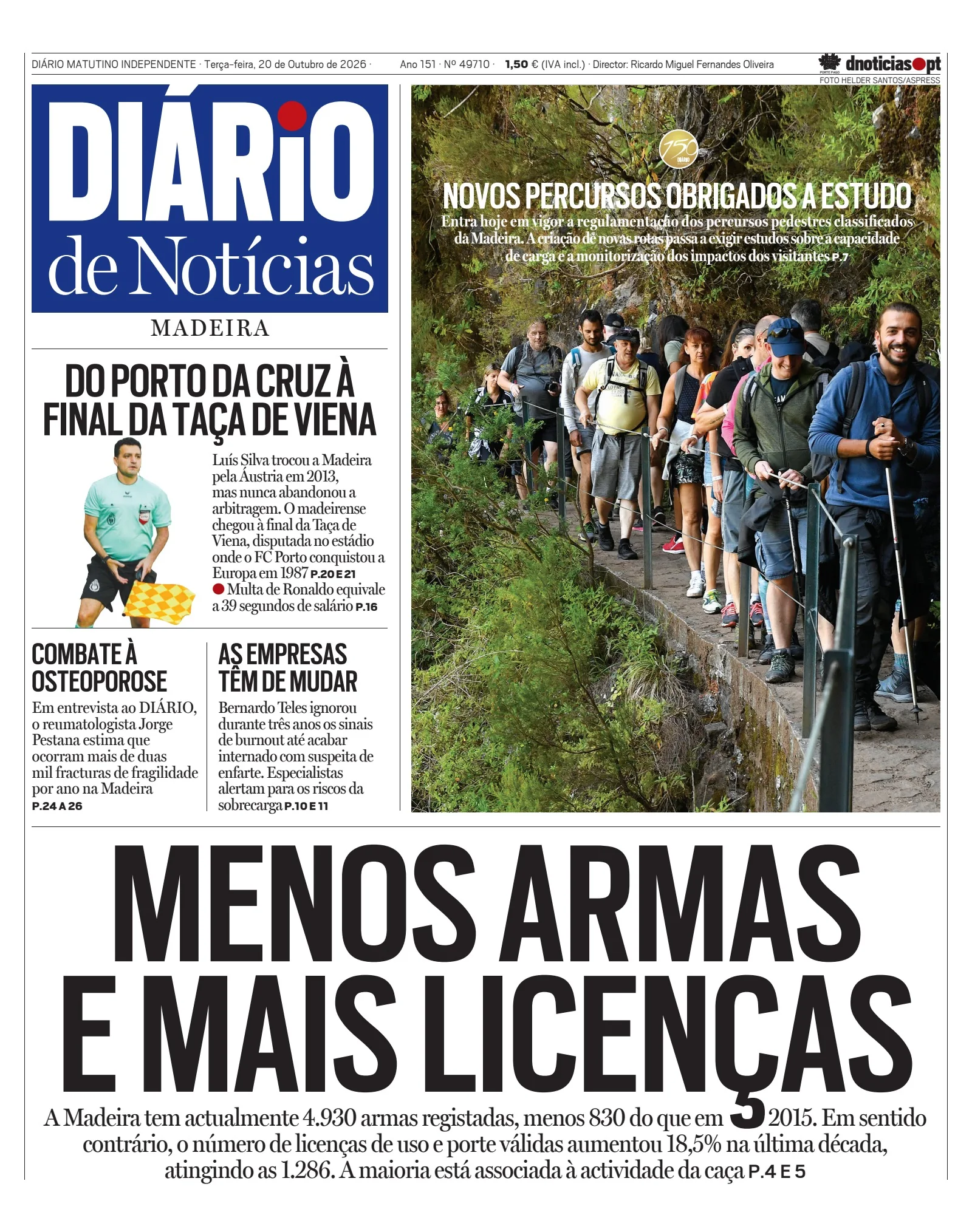 Capa do Diário de Notícias da Madeira de terça-feira, 20 de outubro de 2026