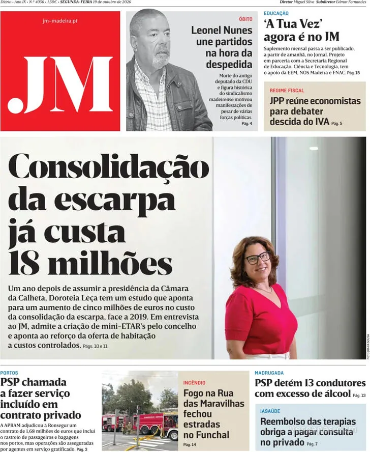 Capa do Jornal da Madeira de terça-feira, 20 de outubro de 2026