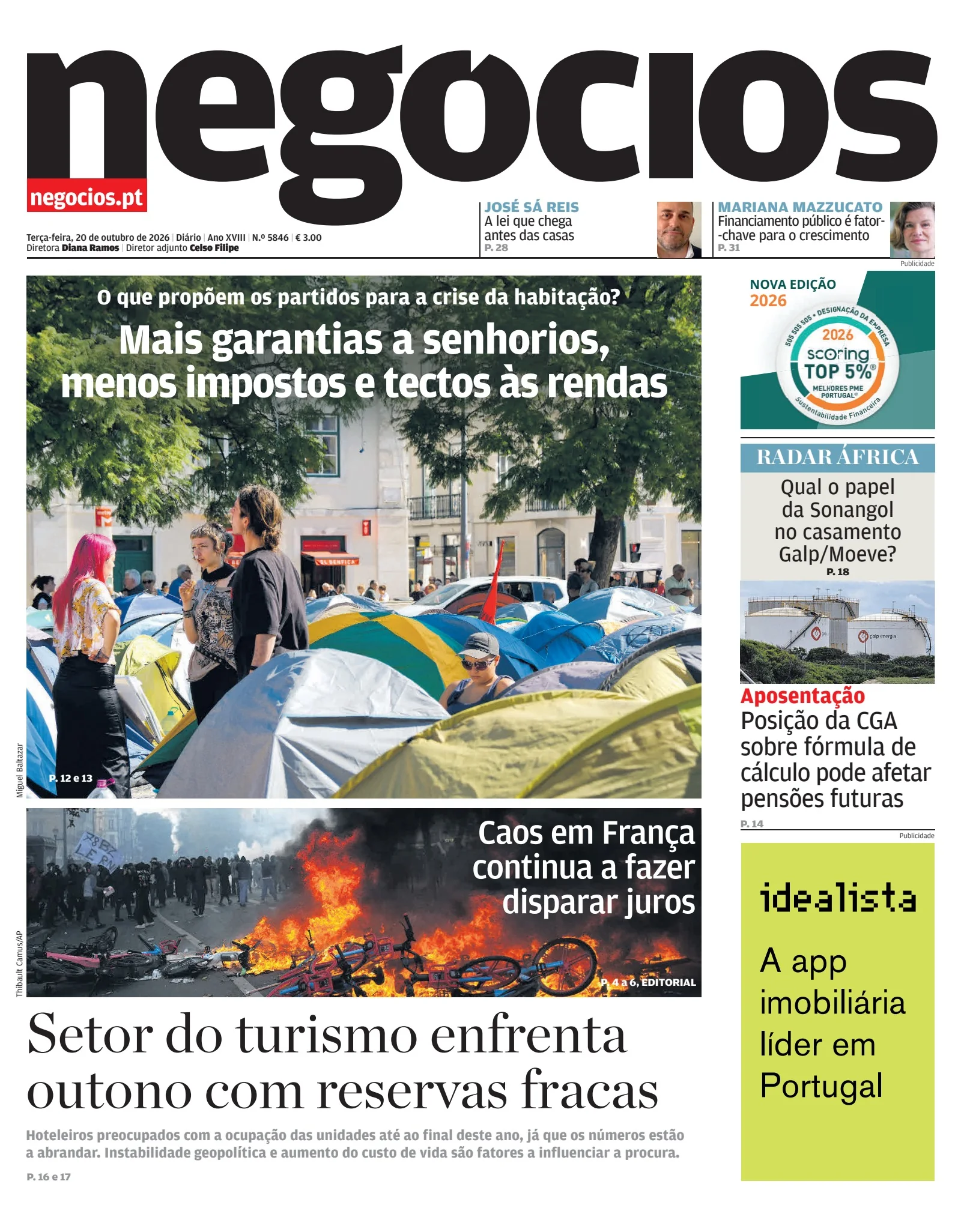 Capa do Jornal de Negócios de terça-feira, 20 de outubro de 2026