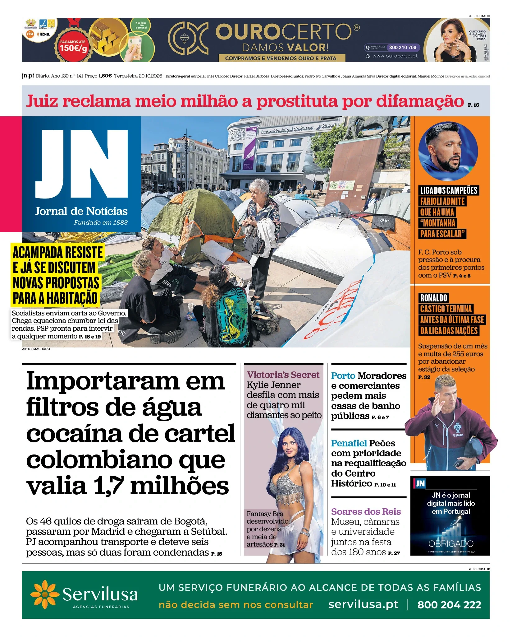 Capa do Jornal de Notícias de terça-feira, 20 de outubro de 2026