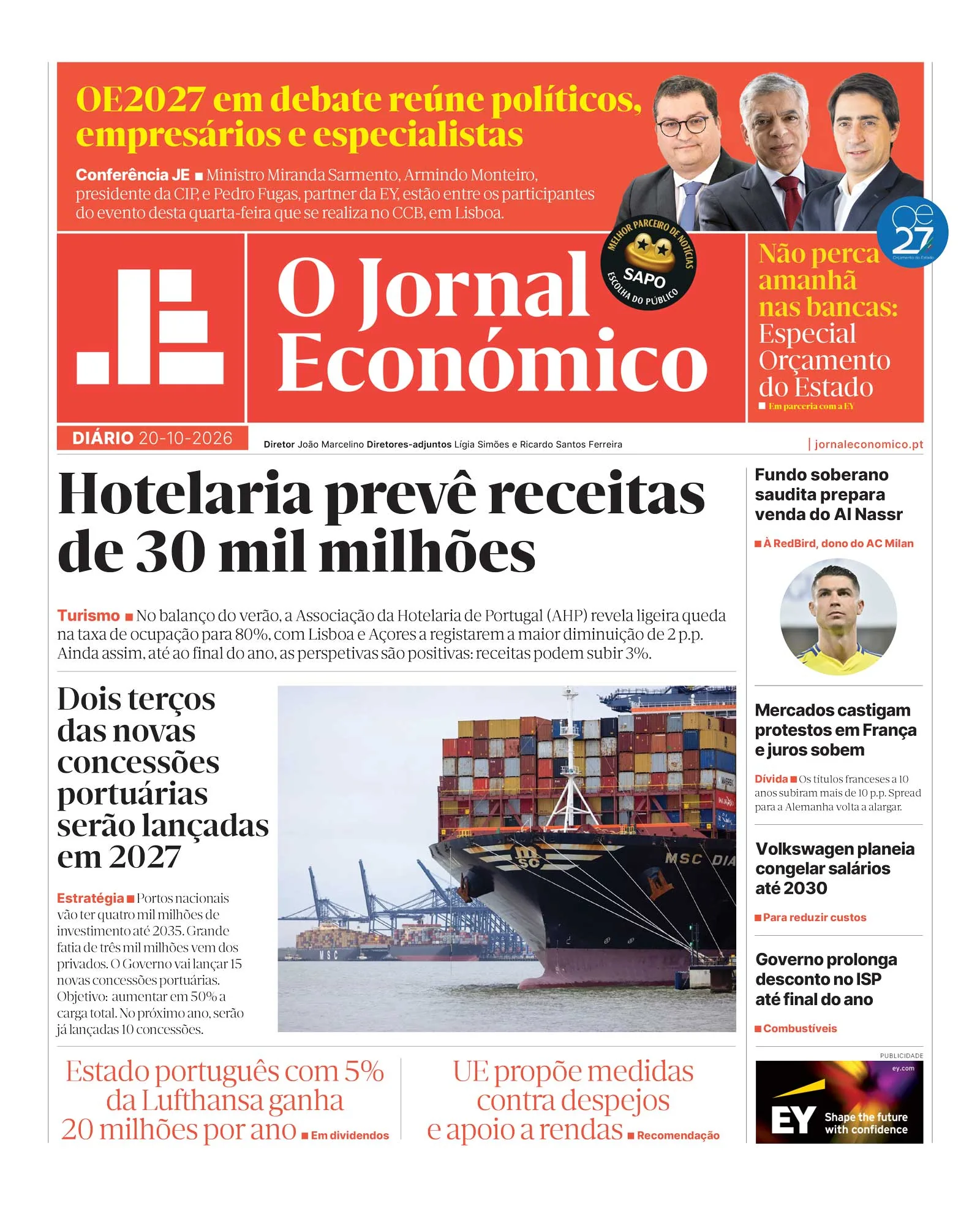 Capa do Jornal Económico de terça-feira, 20 de outubro de 2026