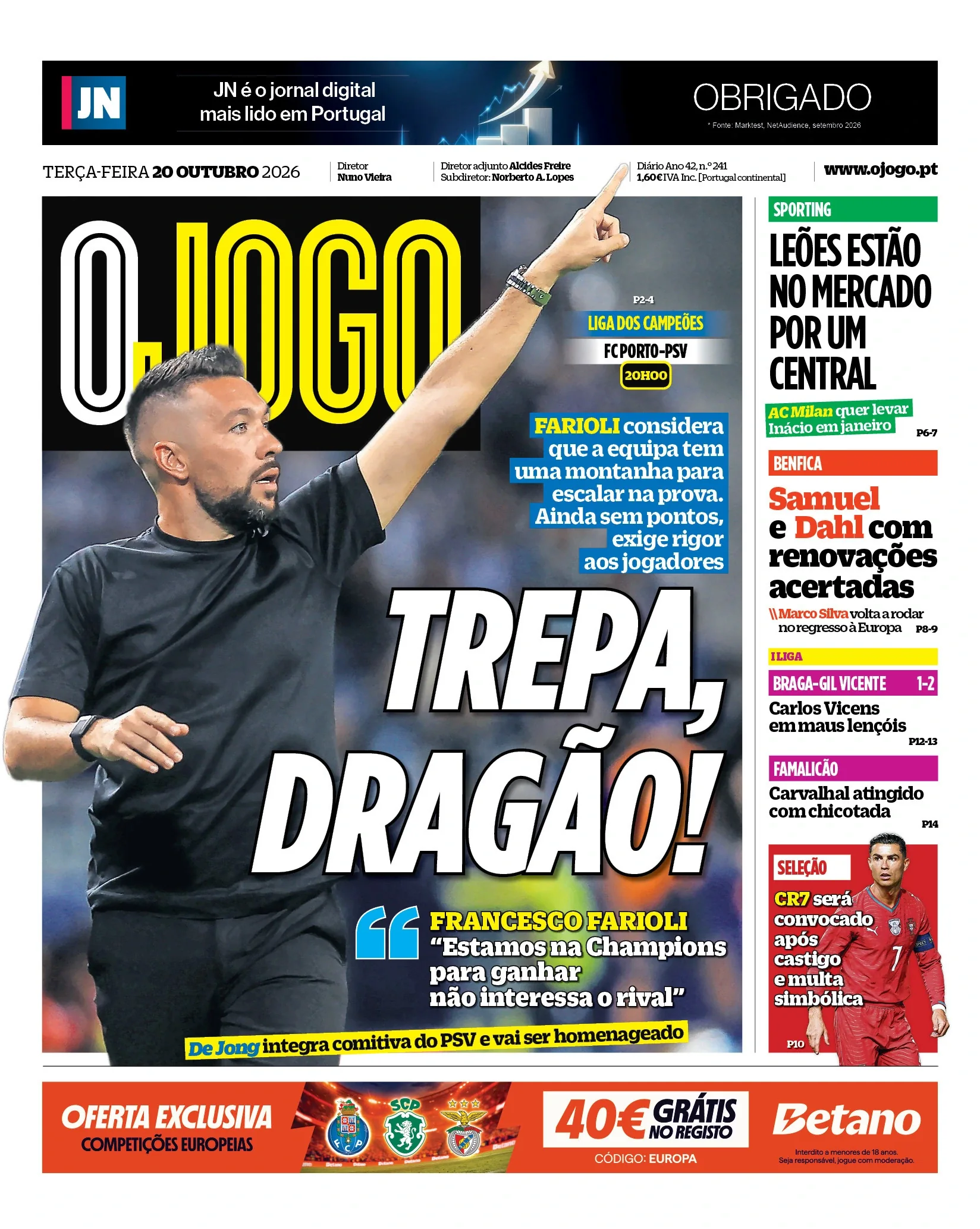 Capa do O Jogo de terça-feira, 20 de outubro de 2026