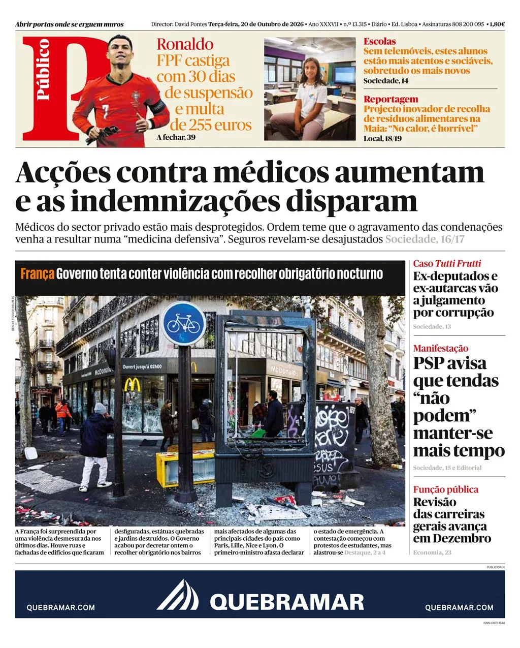 Capa do Público de terça-feira, 20 de outubro de 2026