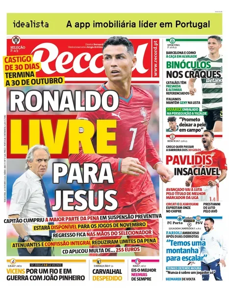 Capa do Record de terça-feira, 20 de outubro de 2026