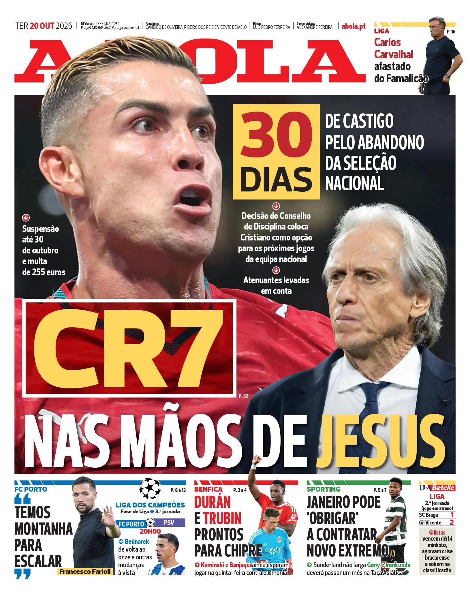 Capa do A Bola de quarta-feira, 21 de outubro de 2026