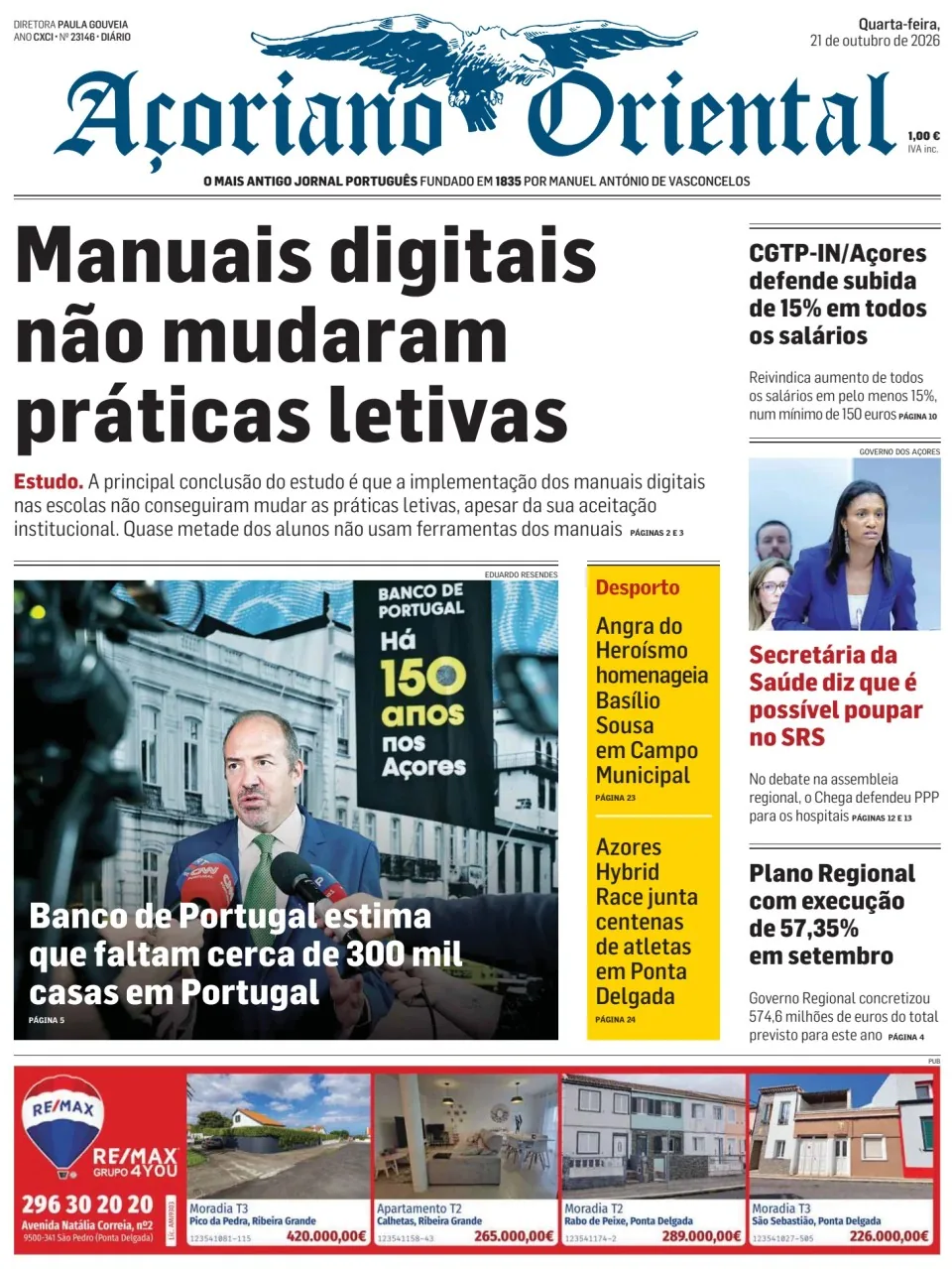 Capa do Açoriano Oriental de quarta-feira, 21 de outubro de 2026