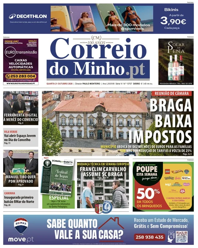 Capa do Correio do Minho de quarta-feira, 21 de outubro de 2026