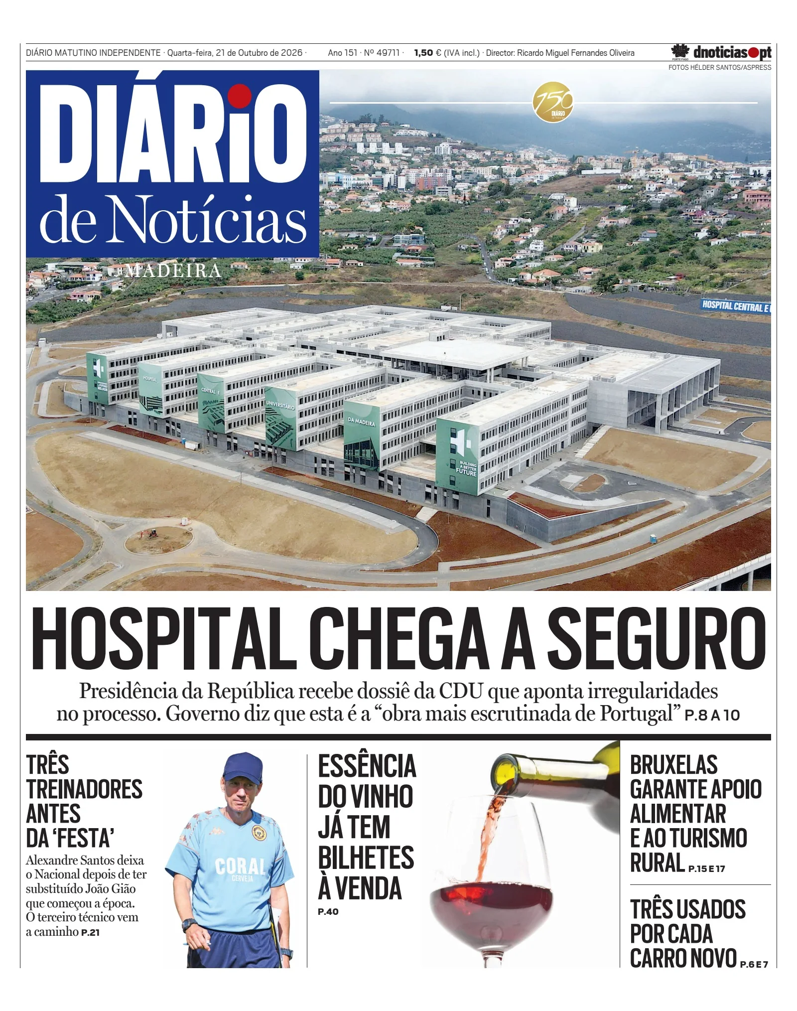 Capa do Diário de Notícias da Madeira de quarta-feira, 21 de outubro de 2026
