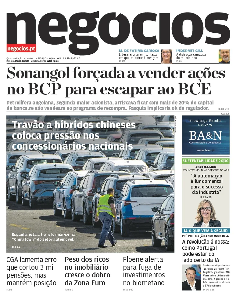 Capa do Jornal de Negócios de quarta-feira, 21 de outubro de 2026