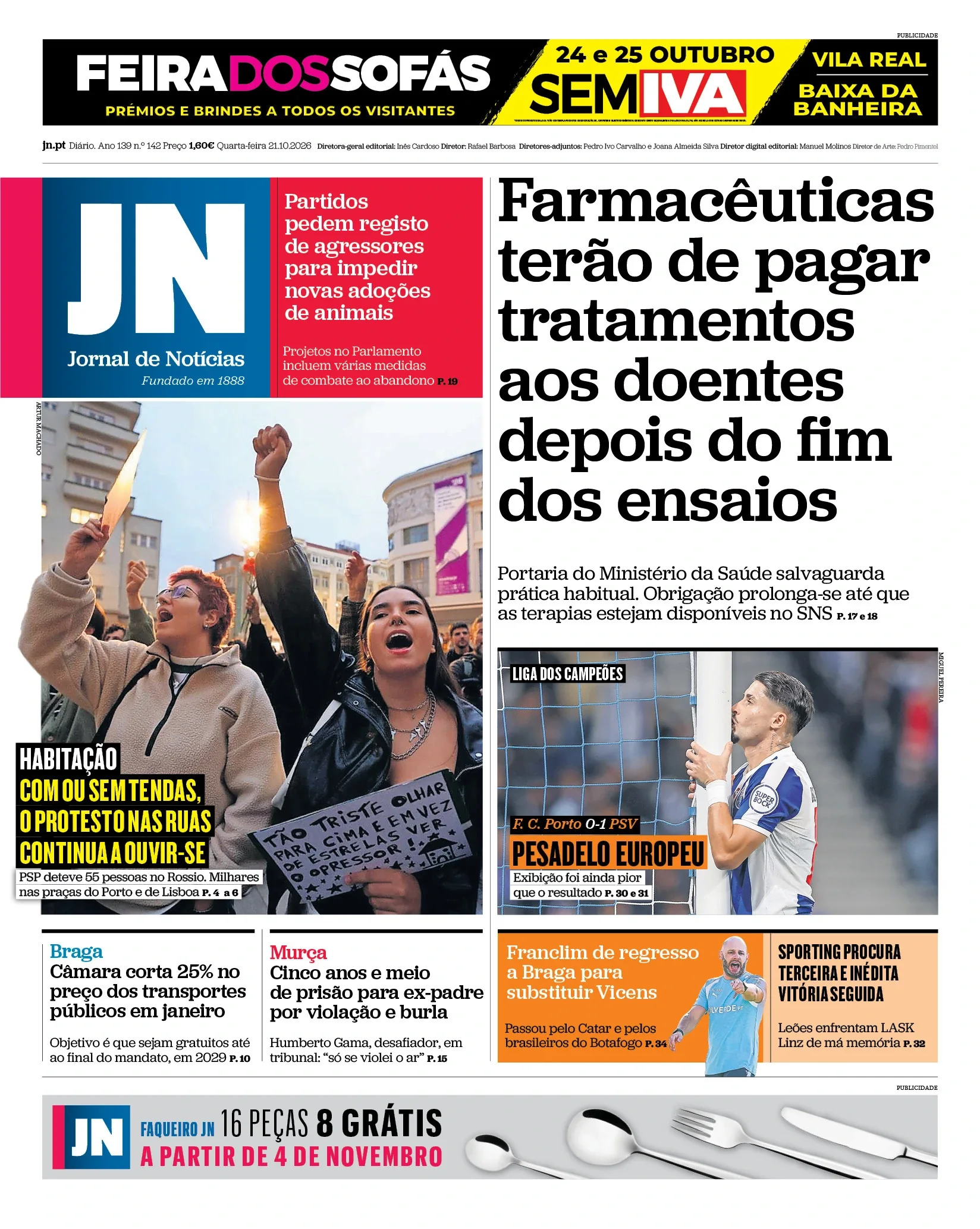 Capa do Jornal de Notícias de quarta-feira, 21 de outubro de 2026