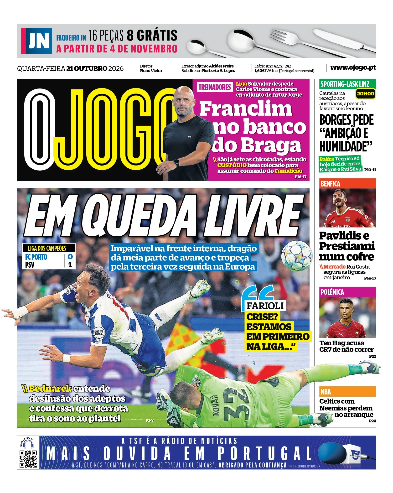 Capa do O Jogo de quarta-feira, 21 de outubro de 2026