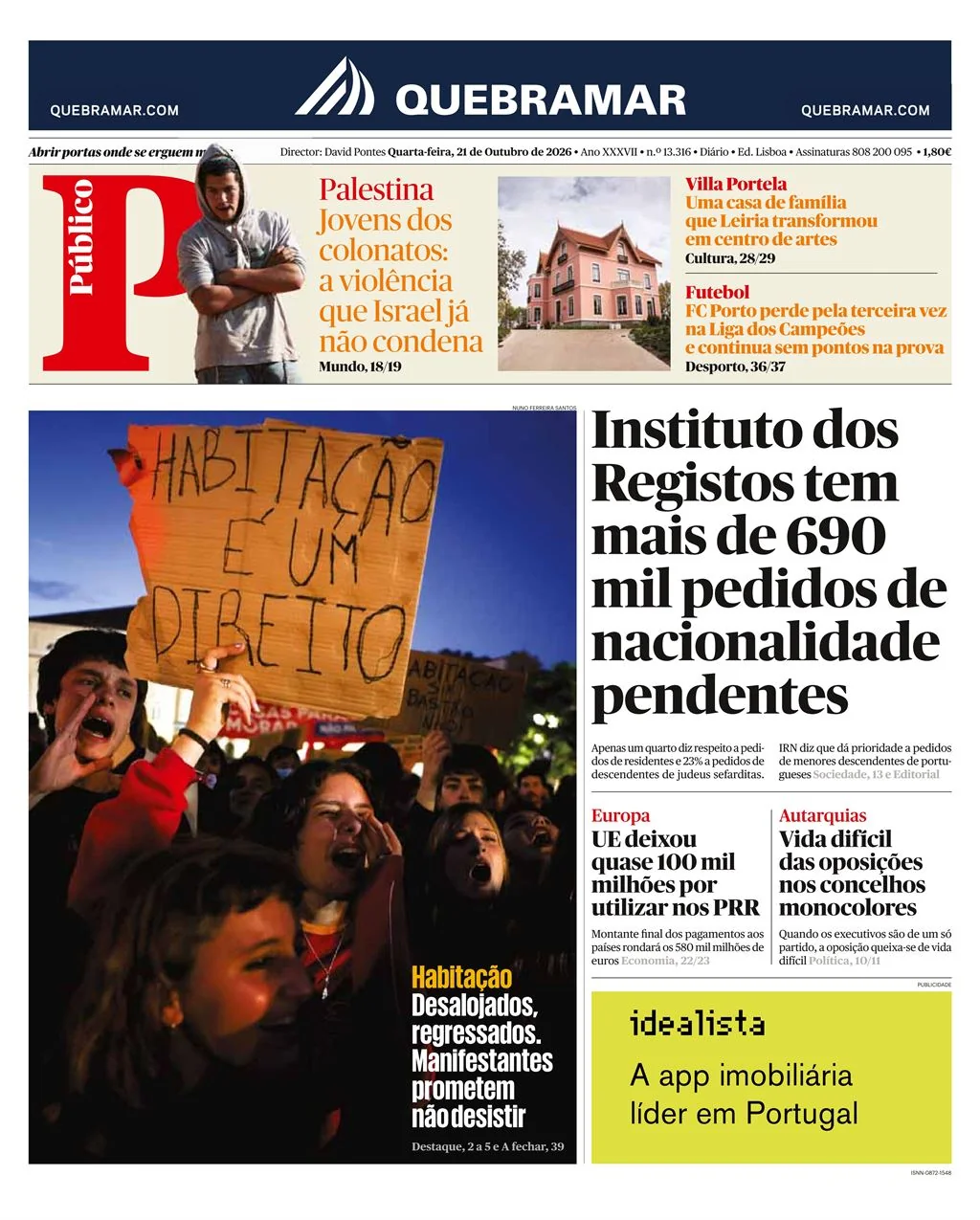 Capa do Público de quarta-feira, 21 de outubro de 2026