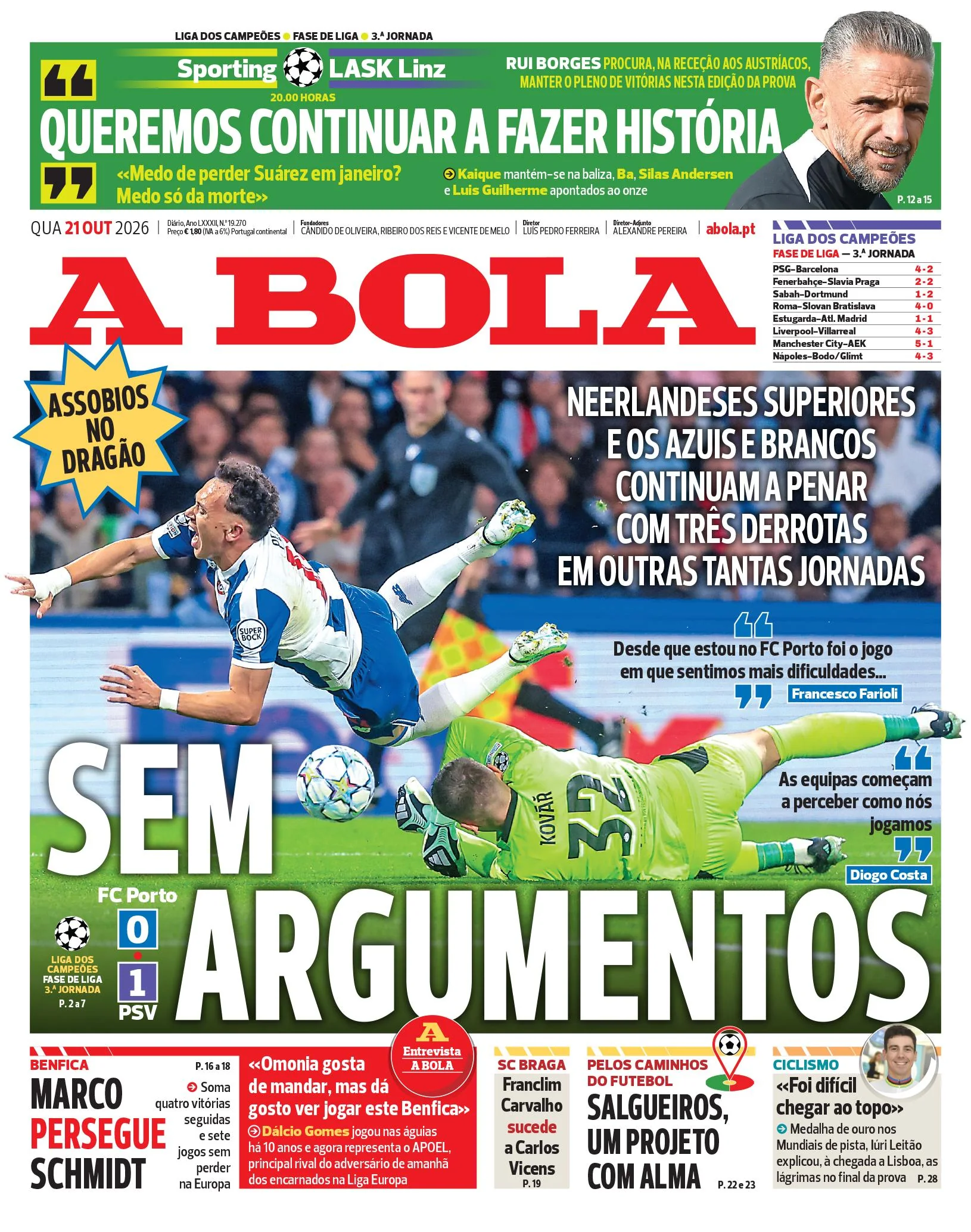 Capa do A Bola de quinta-feira, 22 de outubro de 2026