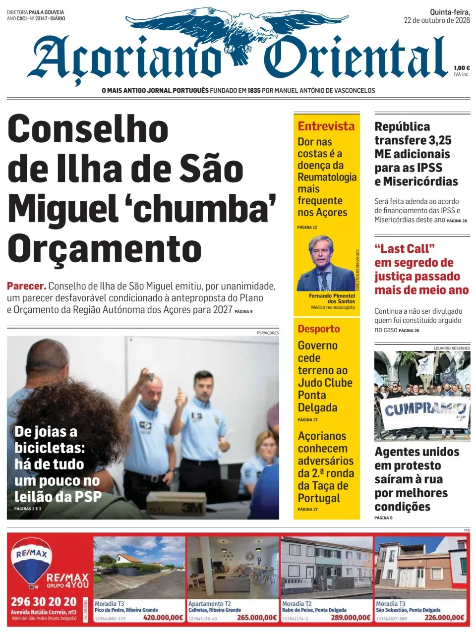 Capa do Açoriano Oriental de quinta-feira, 22 de outubro de 2026