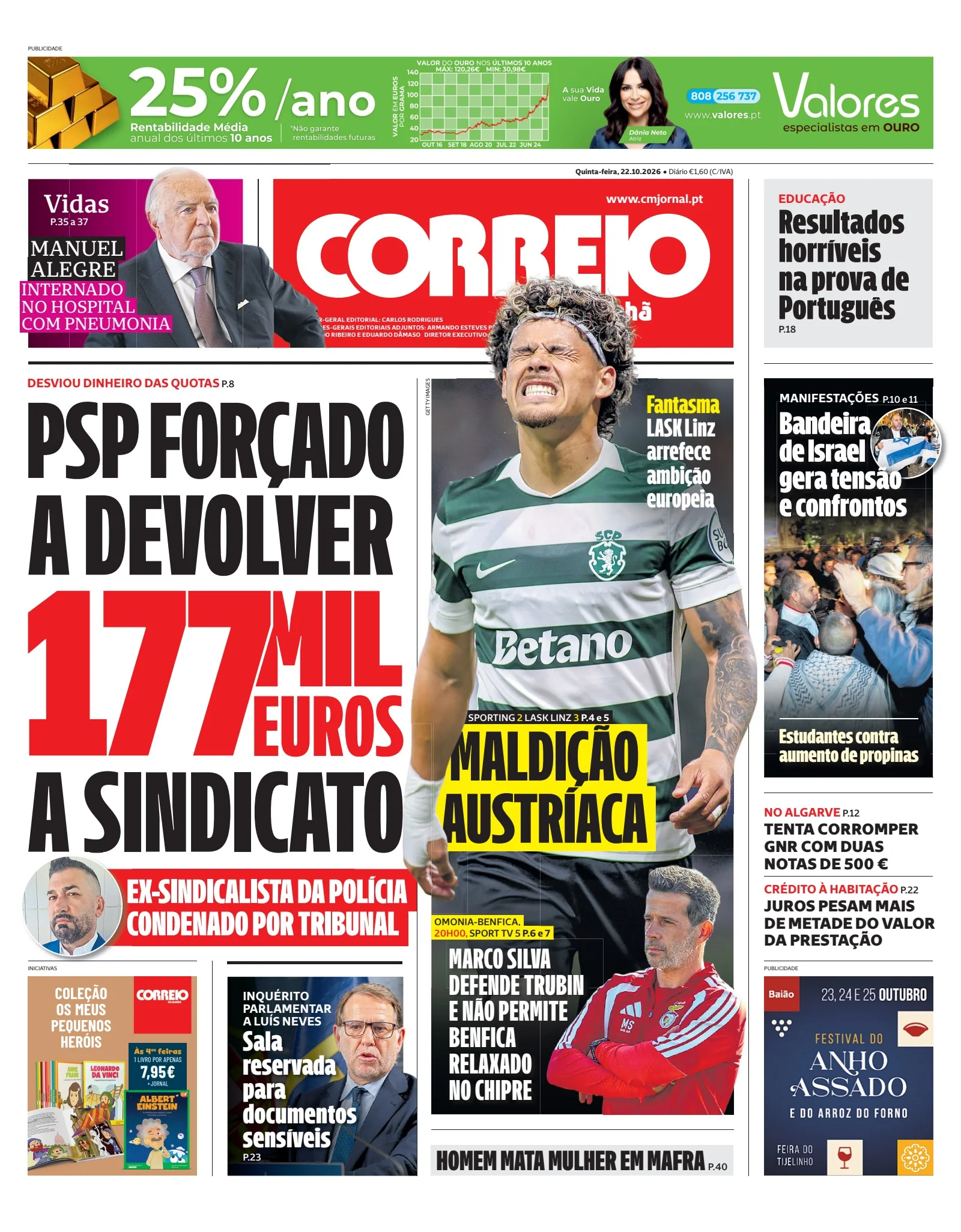 Capa do Correio da Manhã de quinta-feira, 22 de outubro de 2026