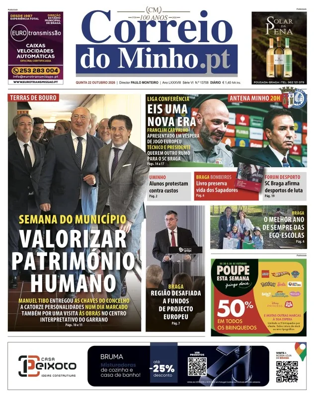Capa do Correio do Minho de quinta-feira, 22 de outubro de 2026