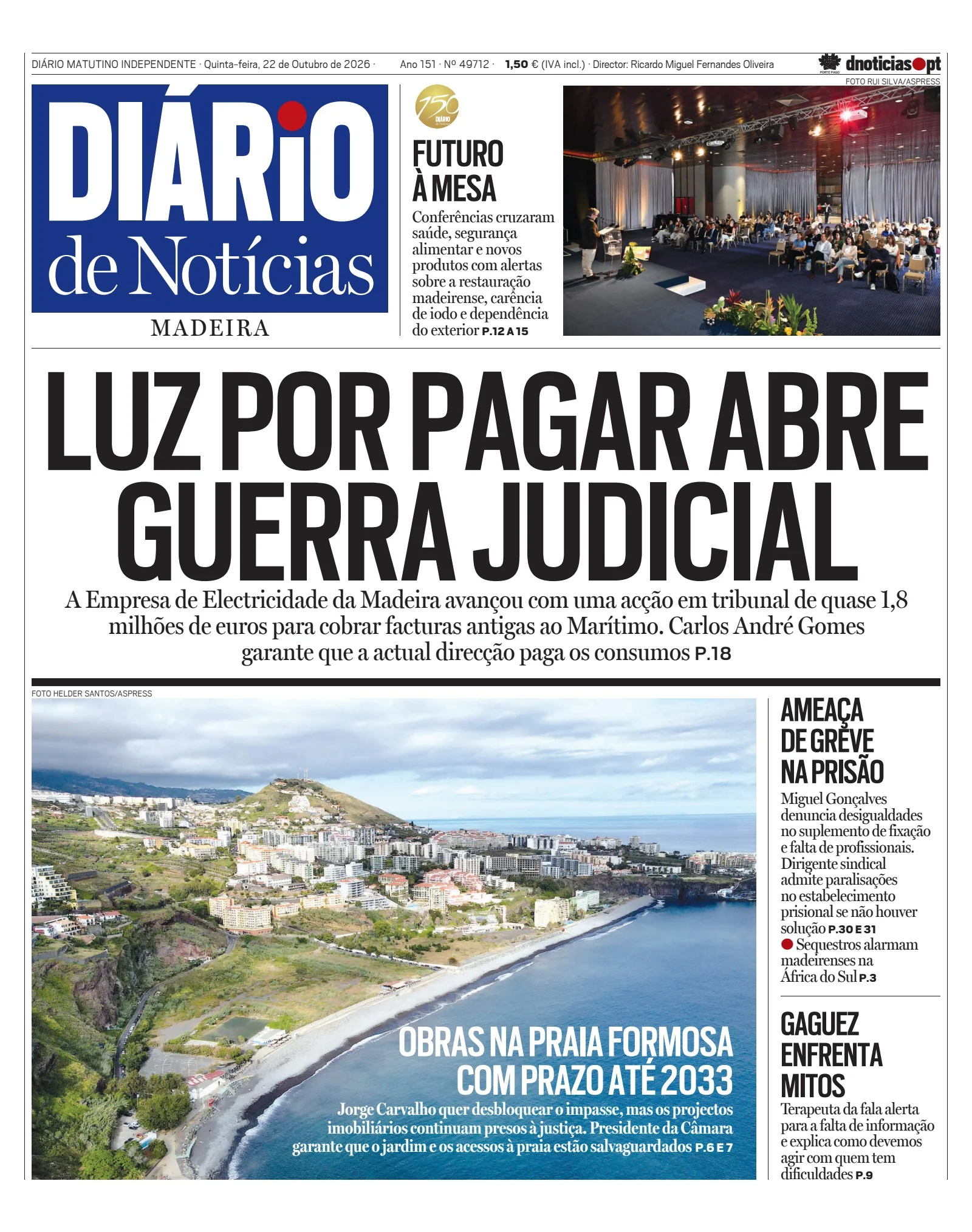 Capa do Diário de Notícias da Madeira de quinta-feira, 22 de outubro de 2026