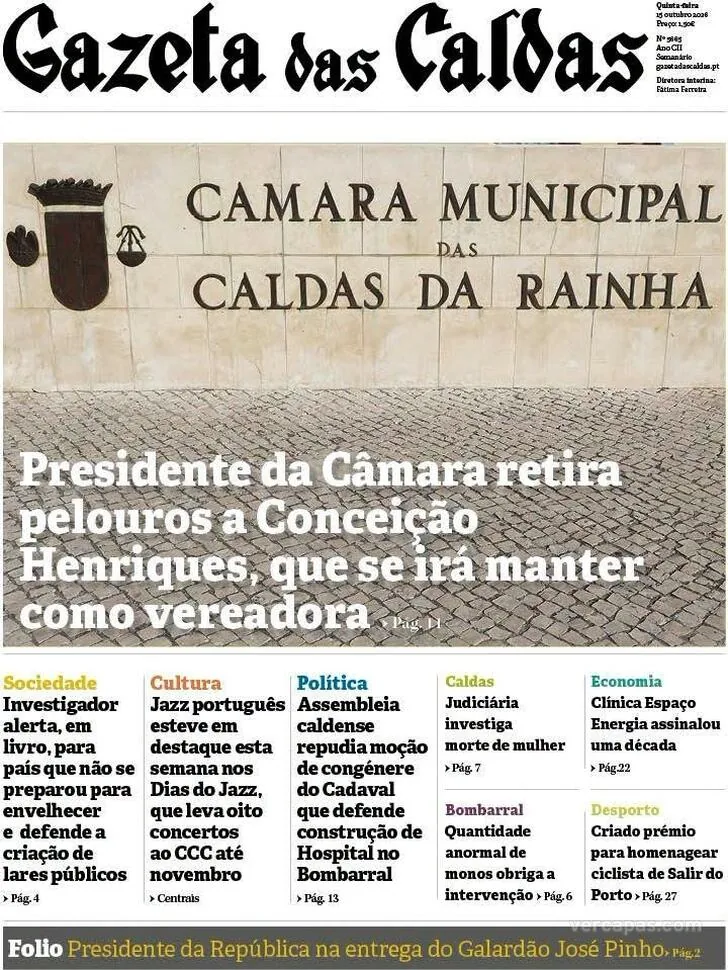 Capa do Gazeta das Caldas de quinta-feira, 22 de outubro de 2026