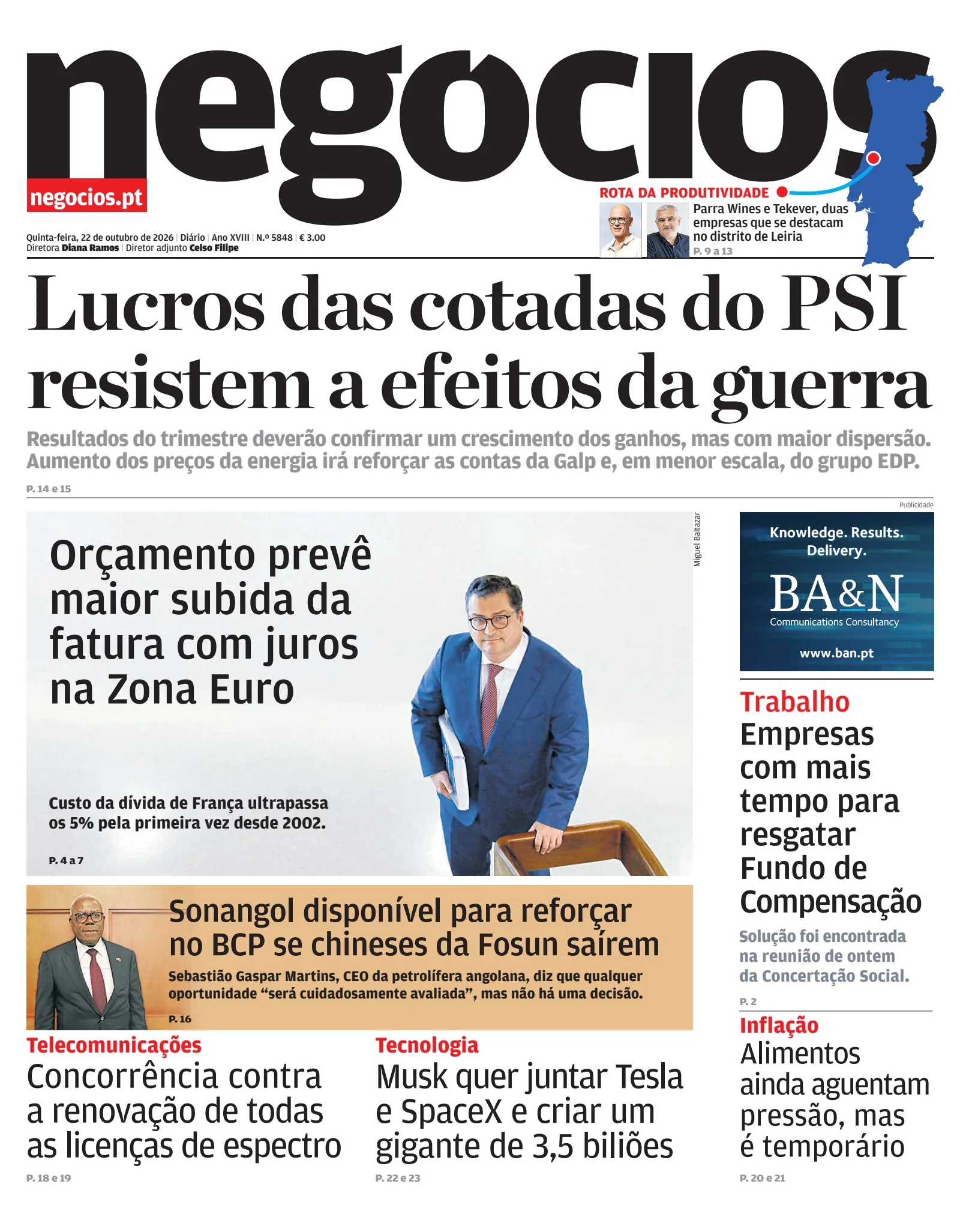 Capa do Jornal de Negócios de quinta-feira, 22 de outubro de 2026