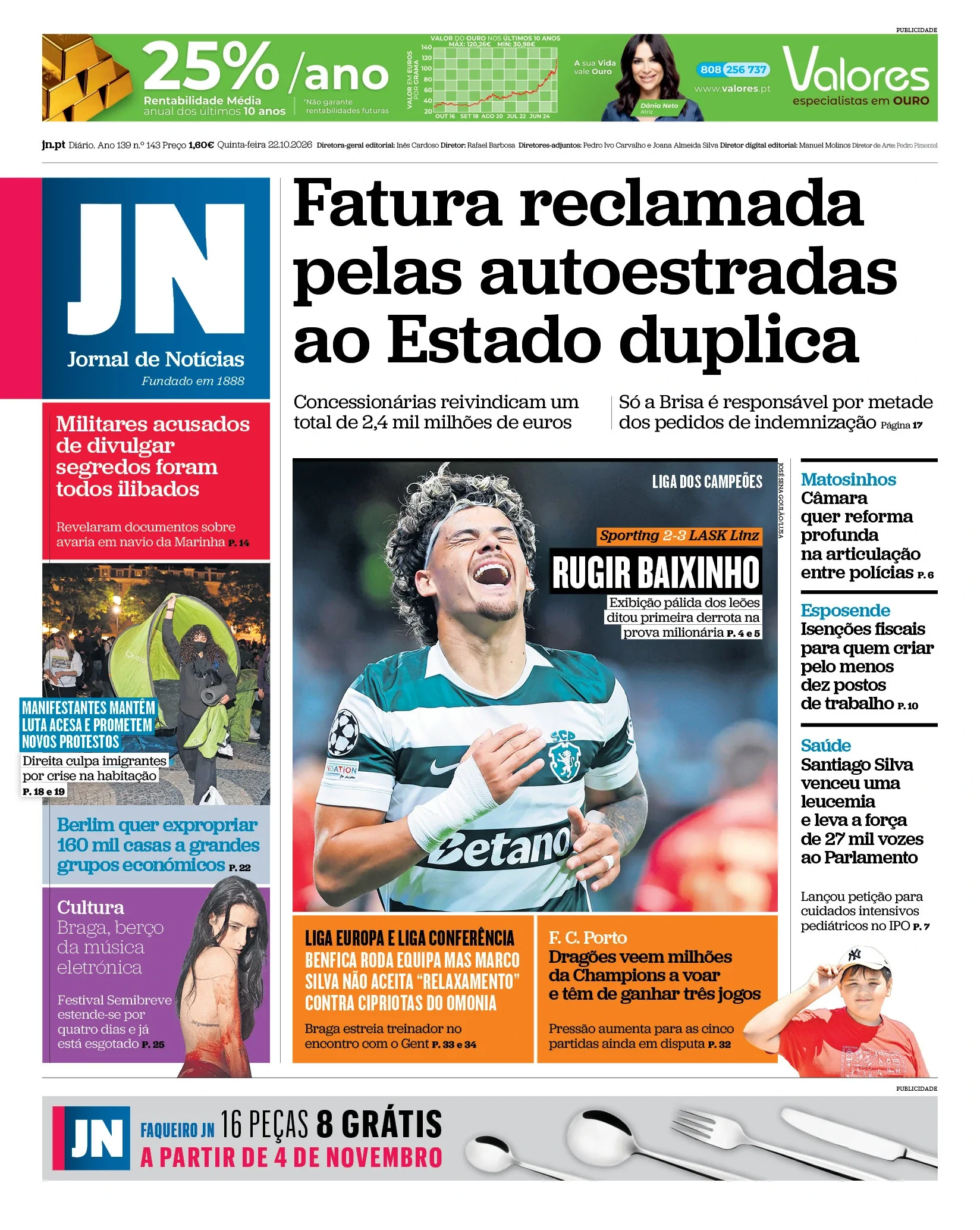 Capa do Jornal de Notícias de quinta-feira, 22 de outubro de 2026