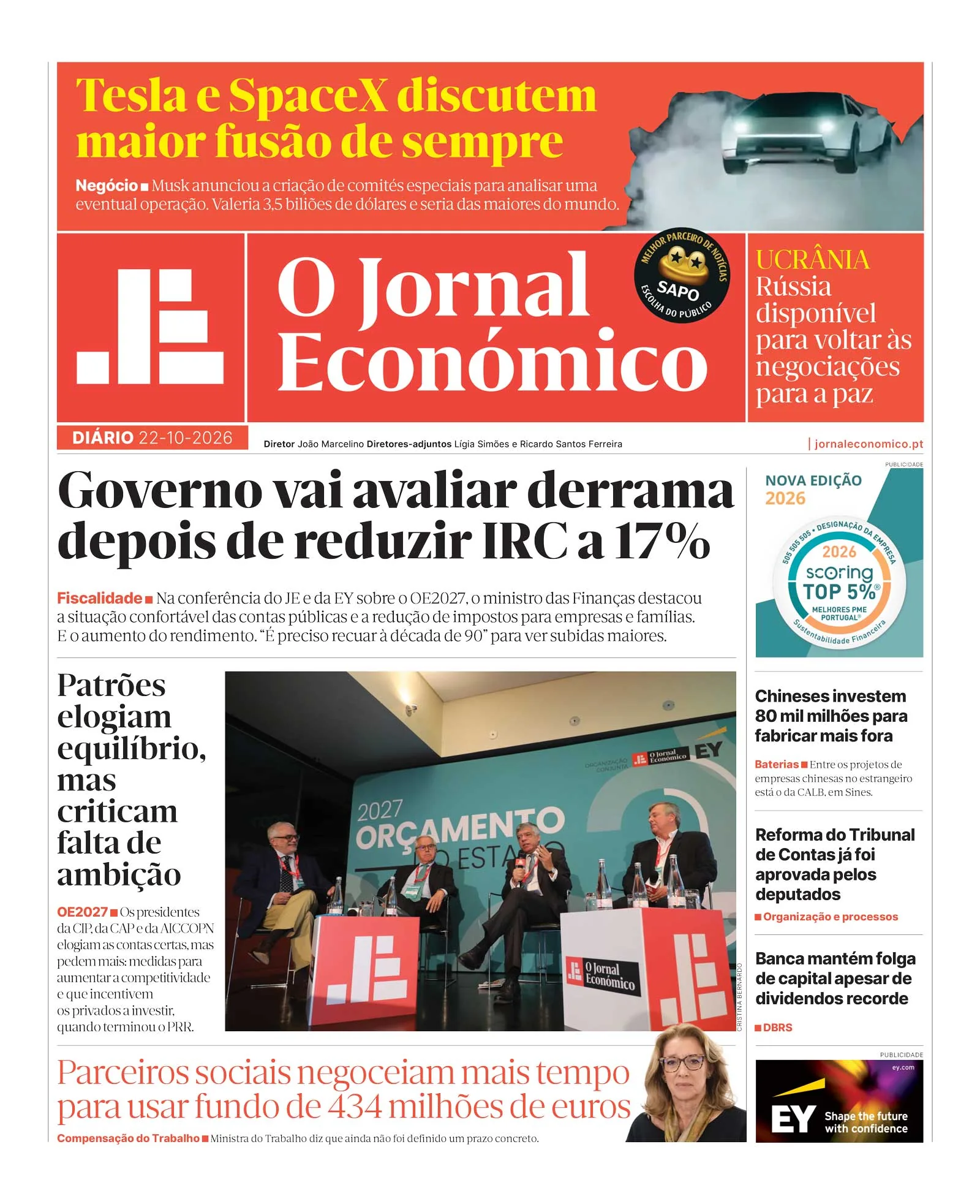 Capa do Jornal Económico de quinta-feira, 22 de outubro de 2026