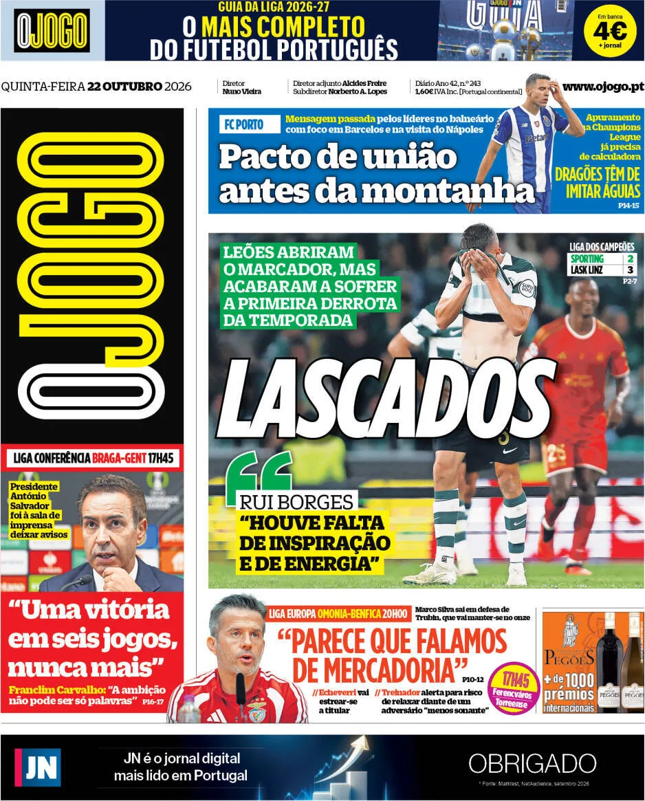 Capa do O Jogo de quinta-feira, 22 de outubro de 2026