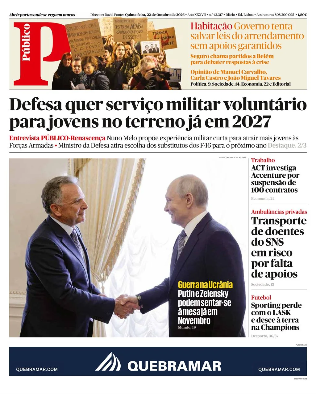Capa do Público de quinta-feira, 22 de outubro de 2026