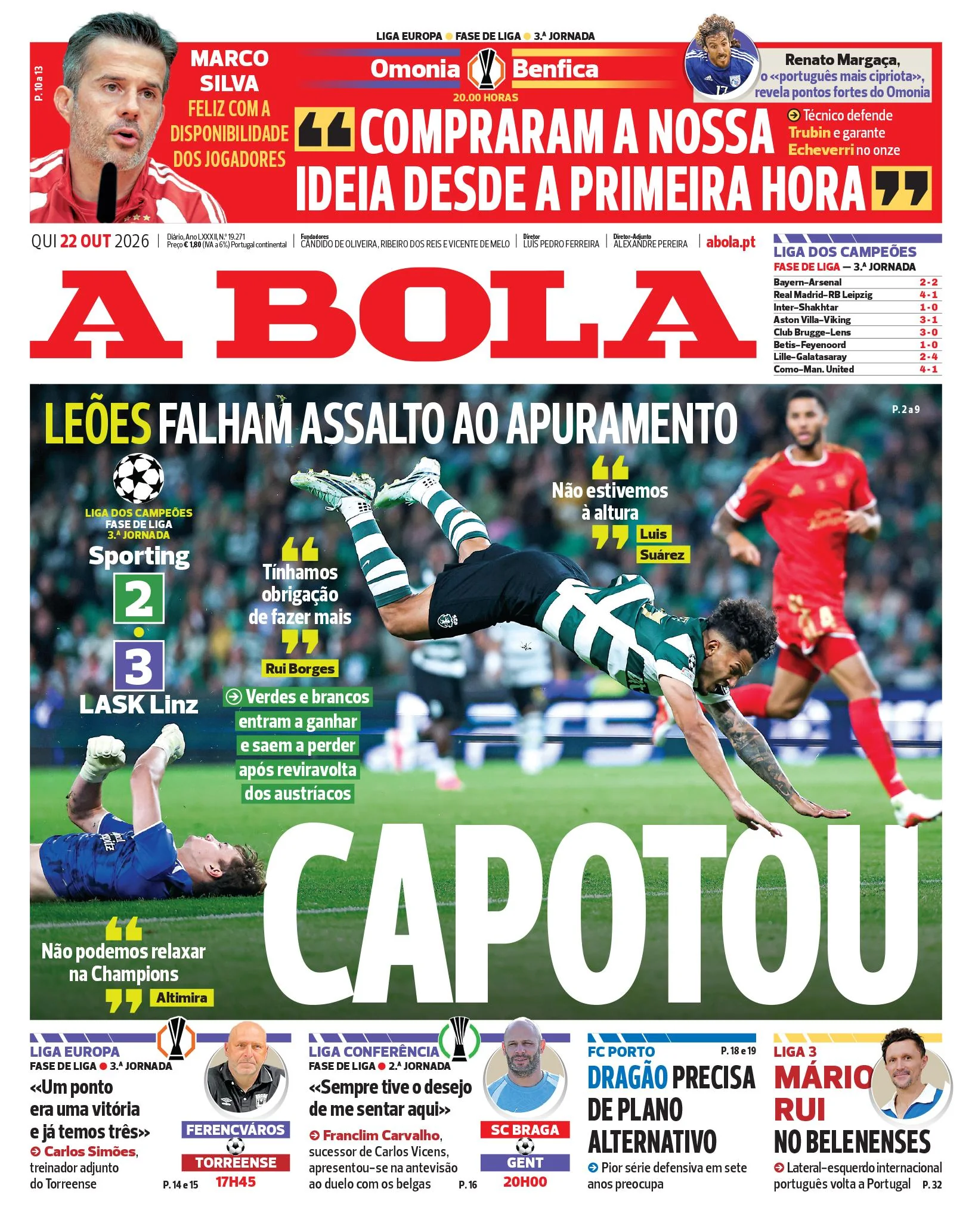 Capa do A Bola de sexta-feira, 23 de outubro de 2026