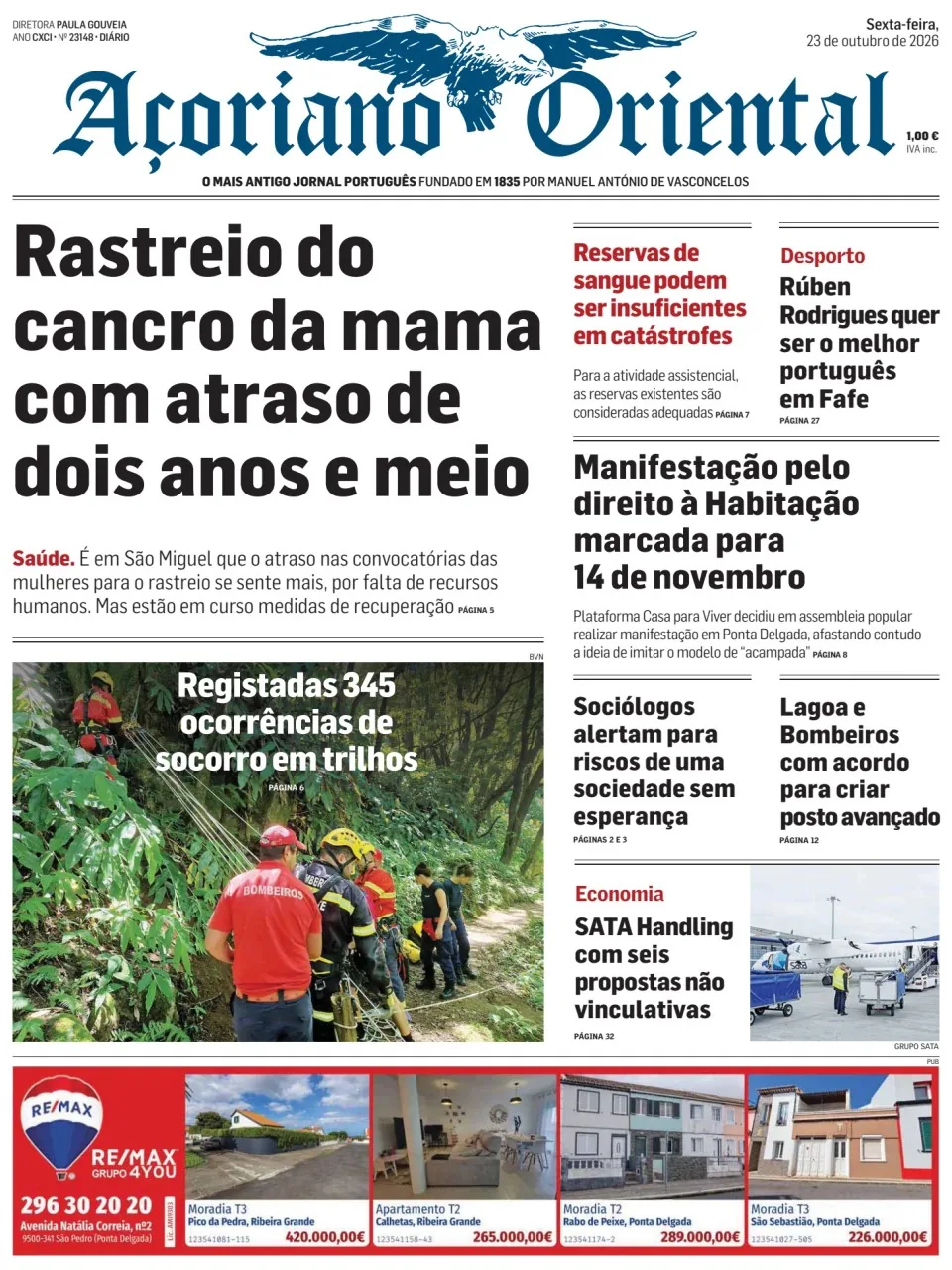 Capa do Açoriano Oriental de sexta-feira, 23 de outubro de 2026