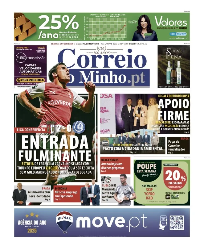 Capa do Correio do Minho de sexta-feira, 23 de outubro de 2026