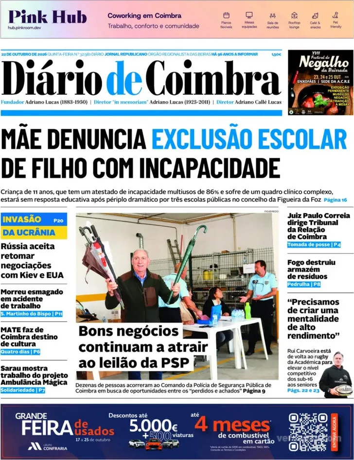 Capa do Diário de Coimbra de sexta-feira, 23 de outubro de 2026