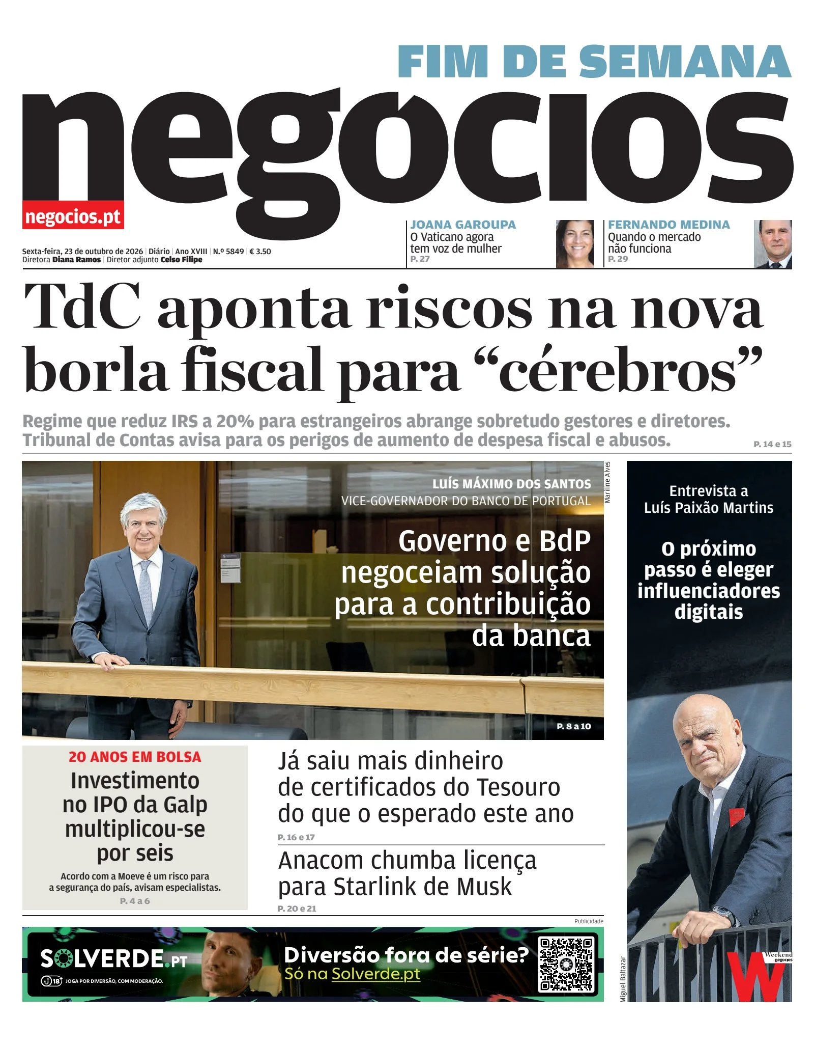 Capa do Jornal de Negócios de sexta-feira, 23 de outubro de 2026