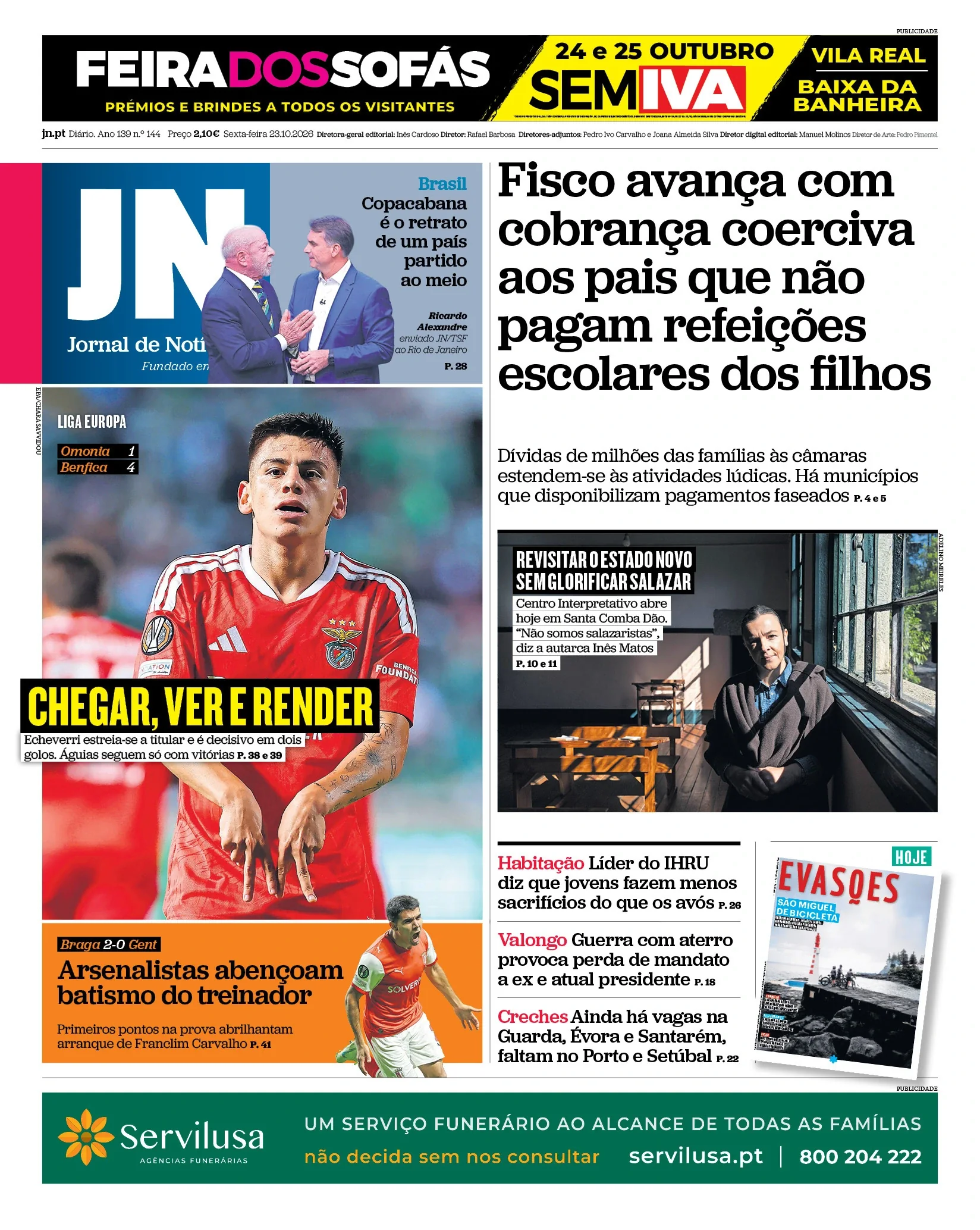 Capa do Jornal de Notícias de sexta-feira, 23 de outubro de 2026