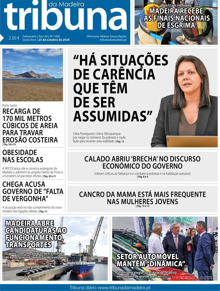 Capa do Tribuna da Madeira de sexta-feira, 23 de outubro de 2026