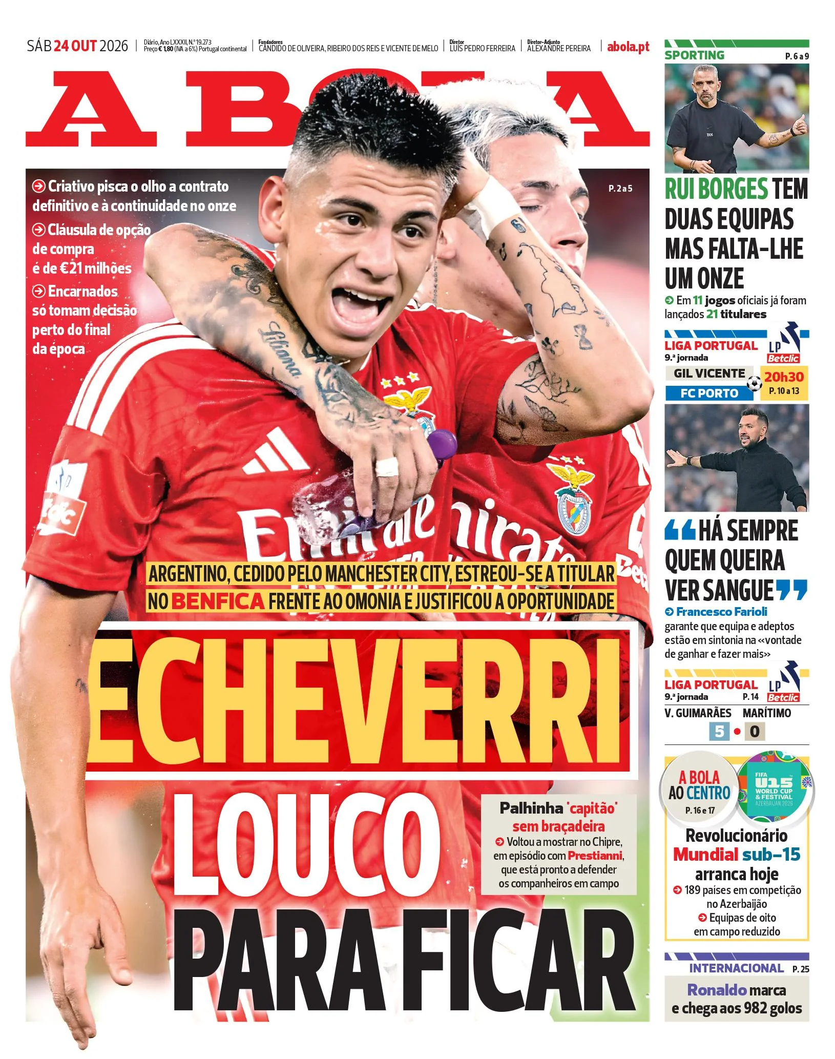 Capa do A Bola de sábado, 24 de outubro de 2026