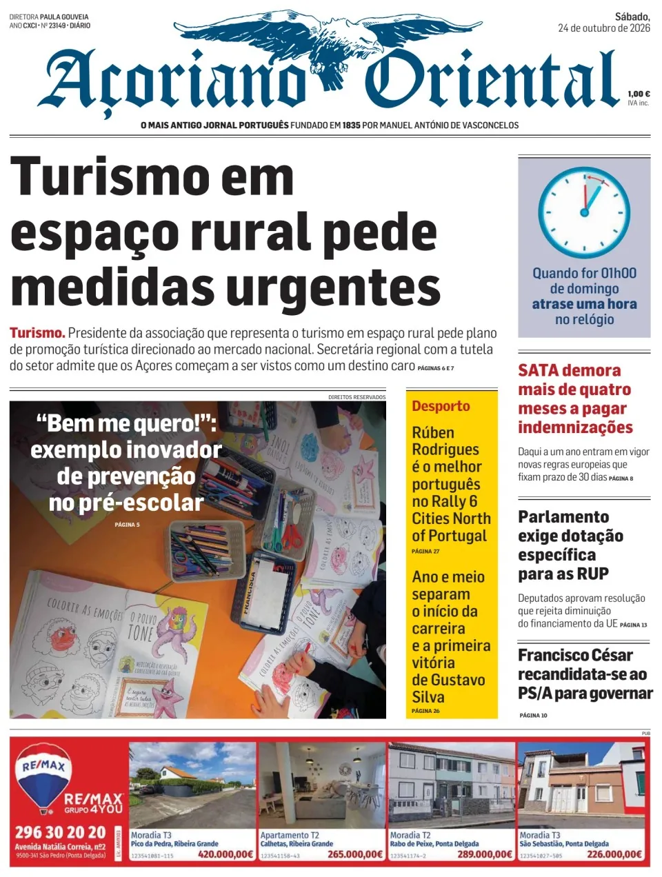 Capa do Açoriano Oriental de sábado, 24 de outubro de 2026
