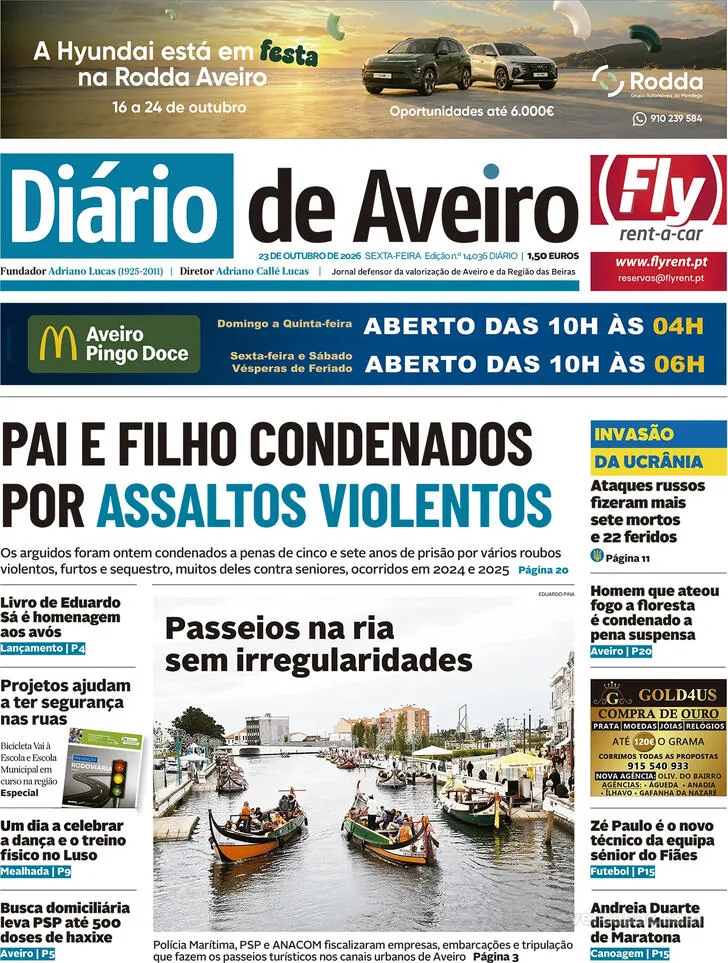 Capa do Diário de Aveiro de sábado, 24 de outubro de 2026