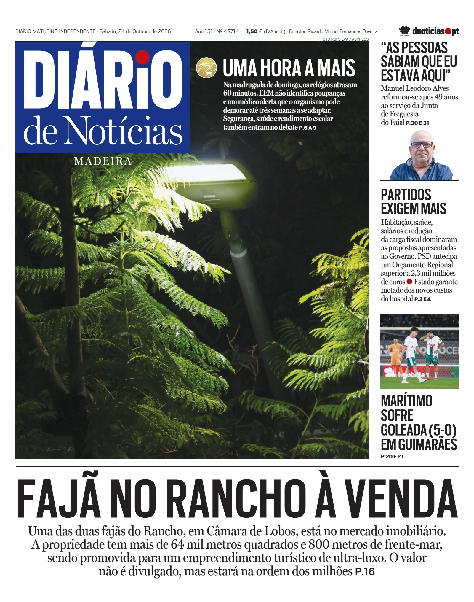 Capa do Diário de Notícias da Madeira de sábado, 24 de outubro de 2026