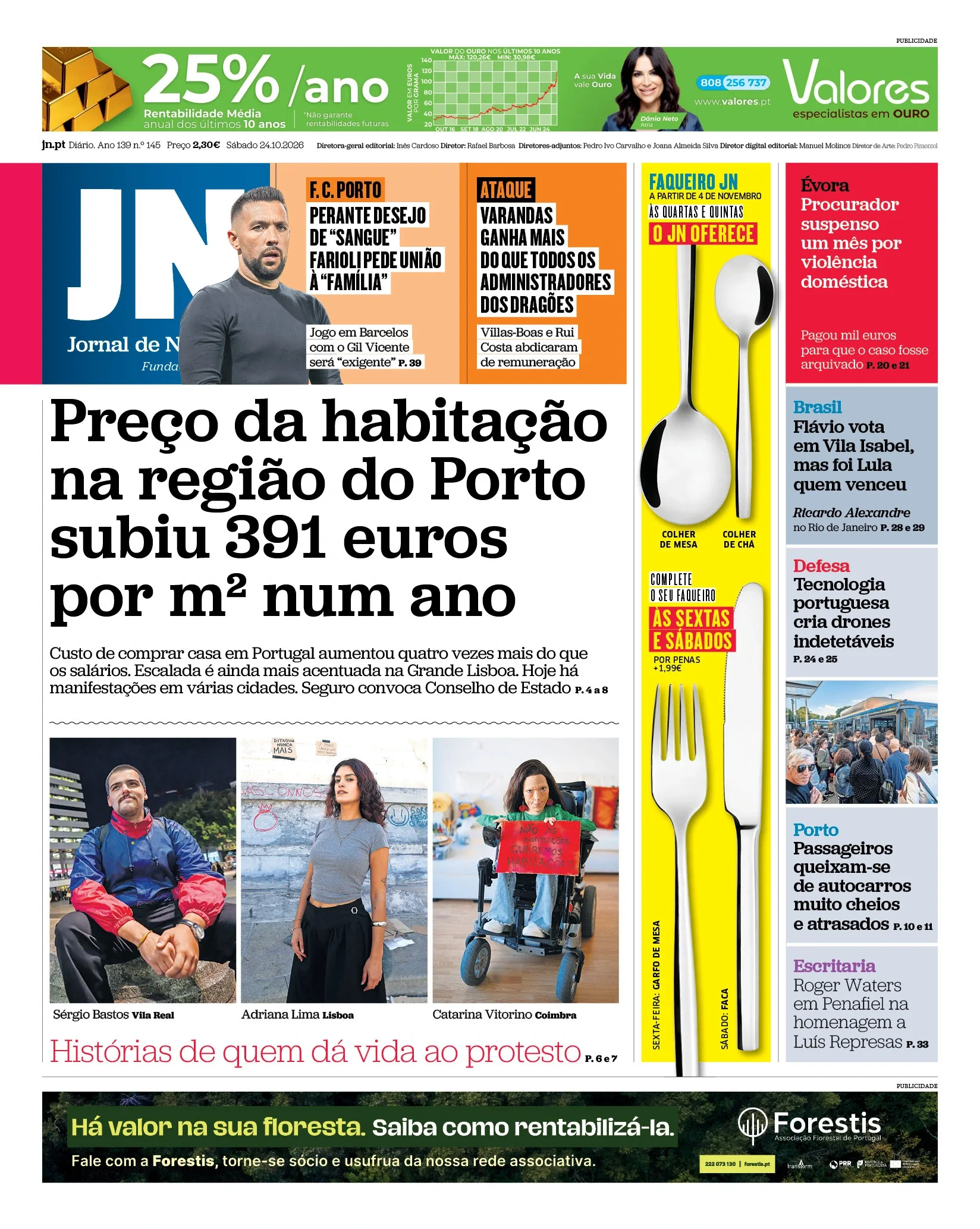 Capa do Jornal de Notícias de sábado, 24 de outubro de 2026