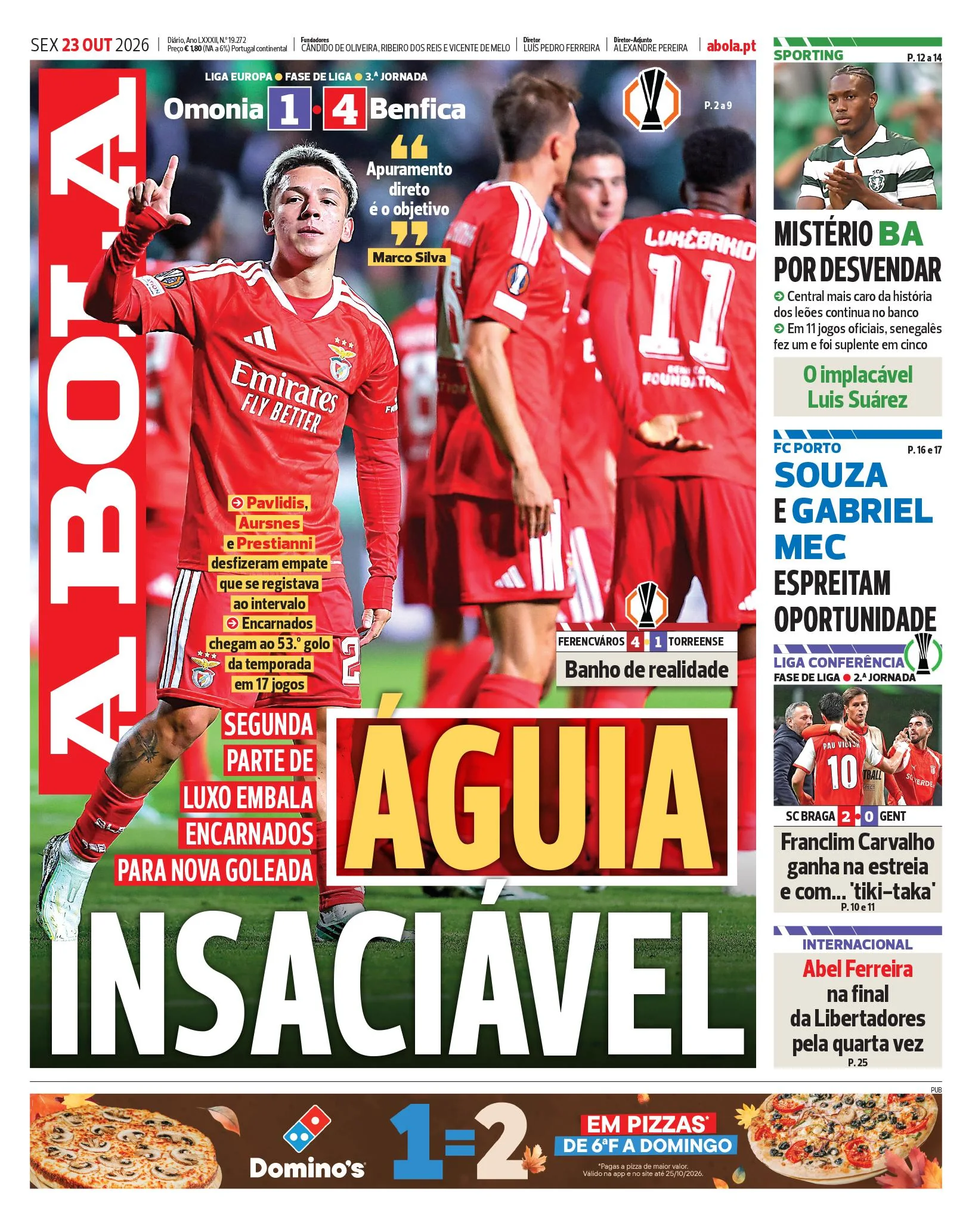 Capa do A Bola de domingo, 25 de outubro de 2026