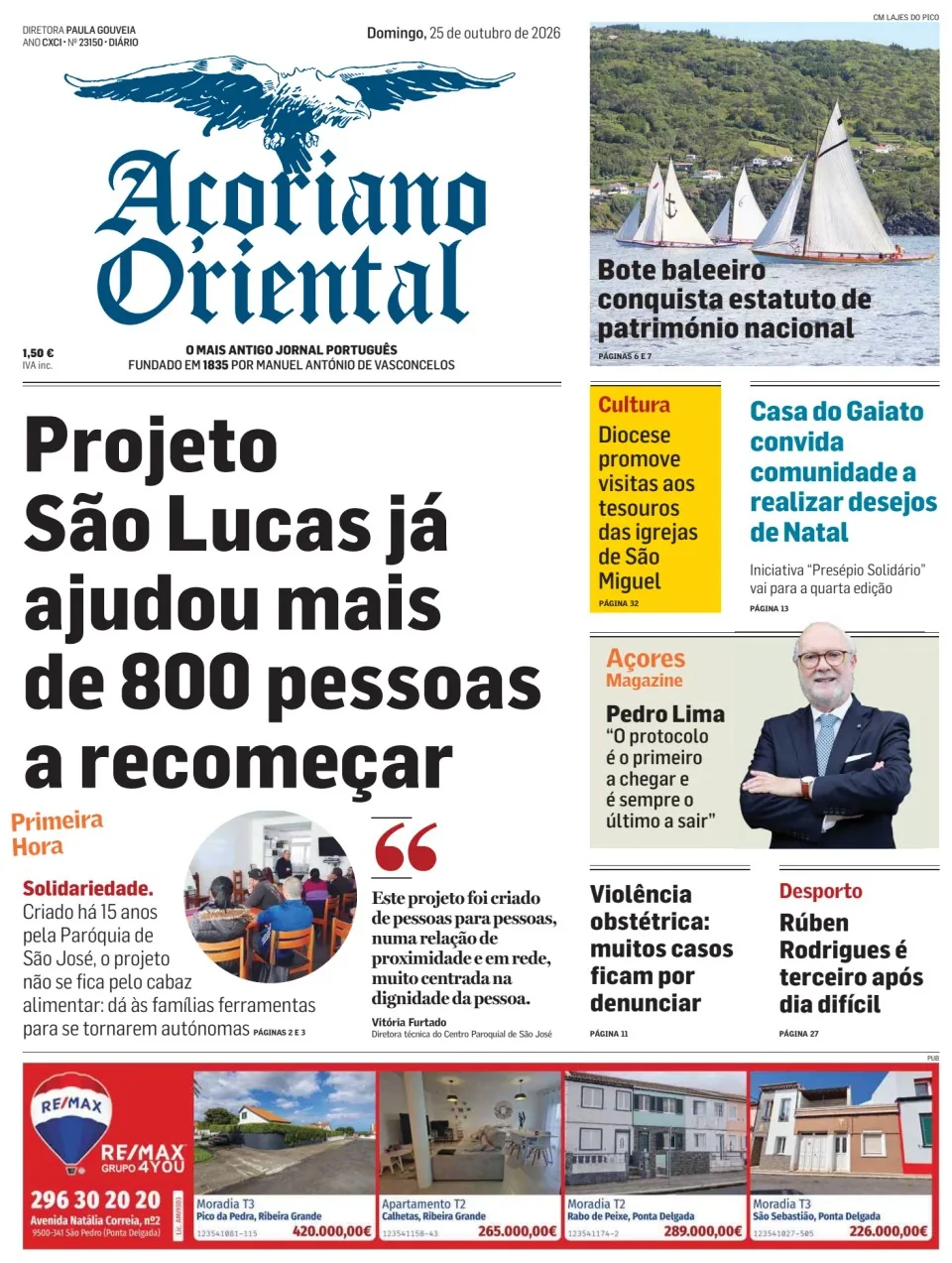 Capa do Açoriano Oriental de domingo, 25 de outubro de 2026