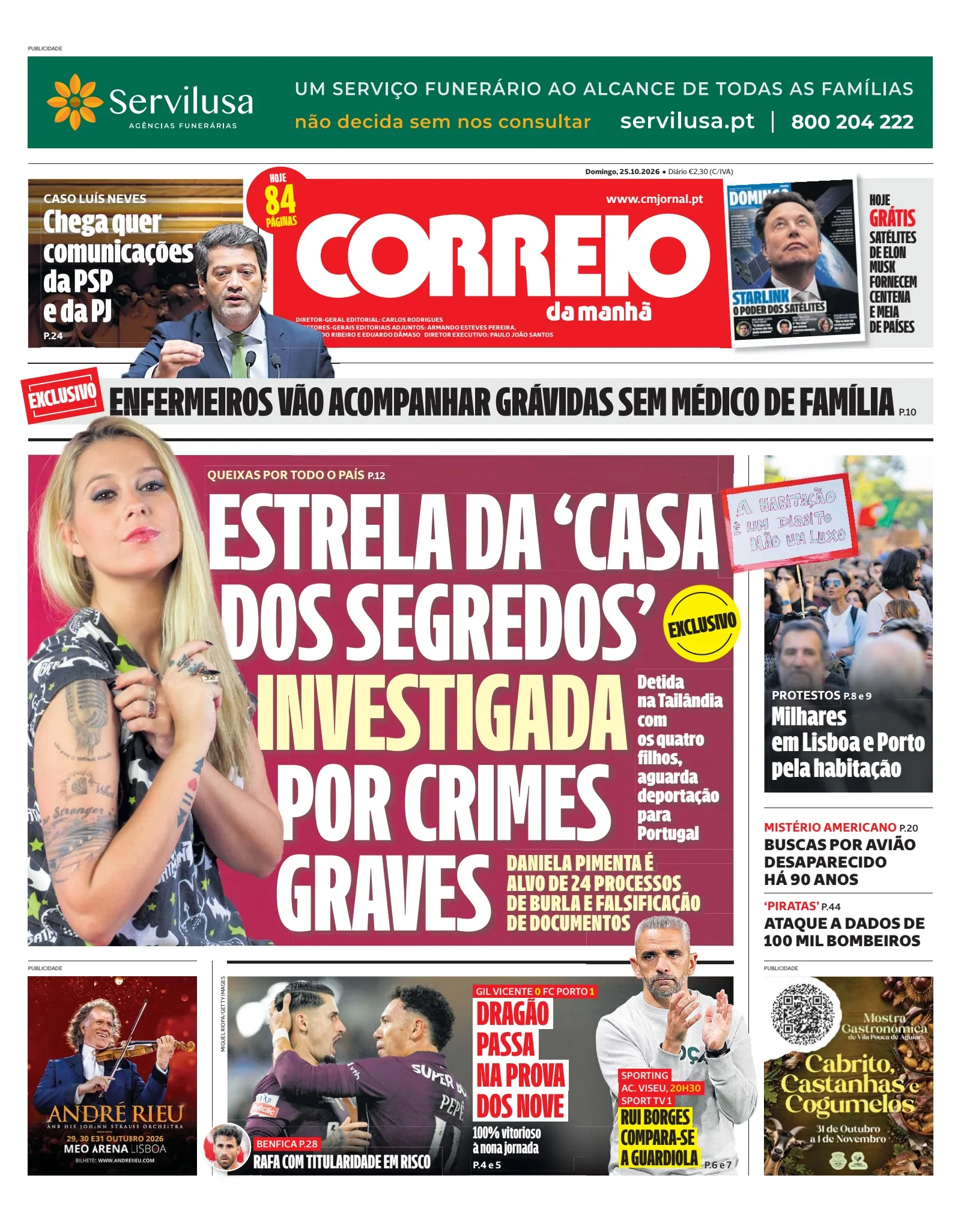 Capa do Correio da Manhã de domingo, 25 de outubro de 2026
