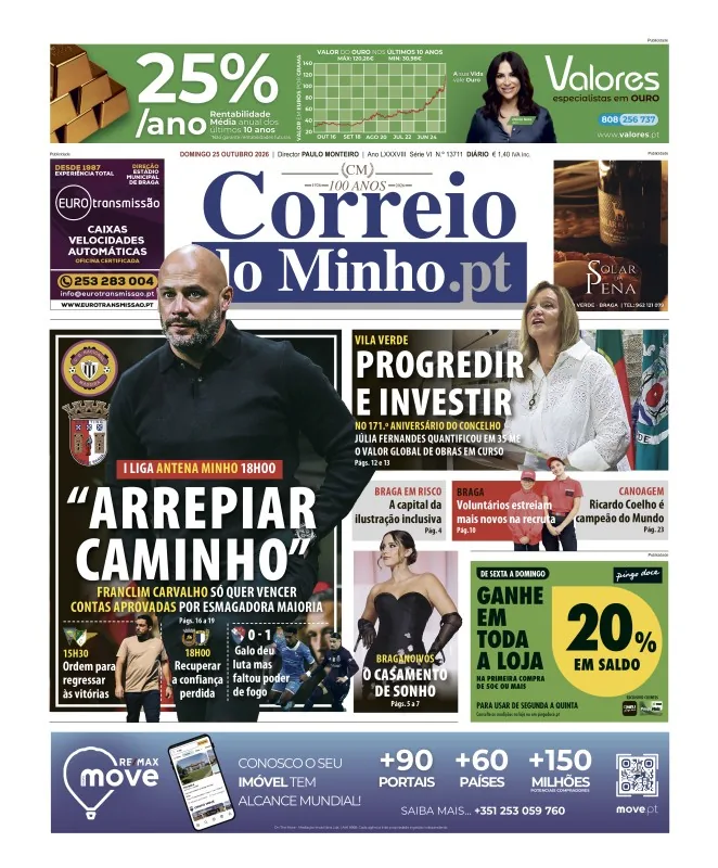 Capa do Correio do Minho de domingo, 25 de outubro de 2026