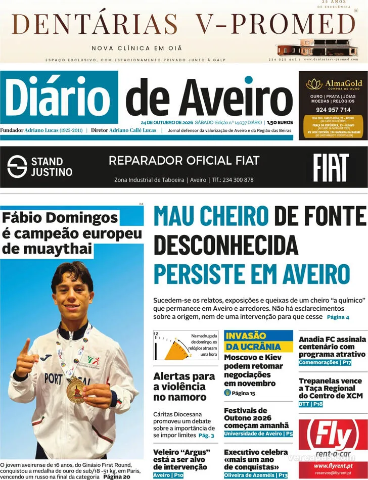 Capa do Diário de Aveiro de domingo, 25 de outubro de 2026